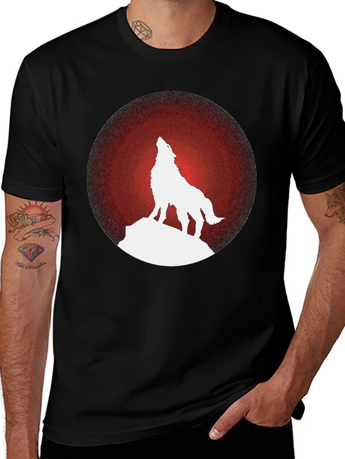 Variant 21 of Wolf Howling at Moon Graphic Tee - Black