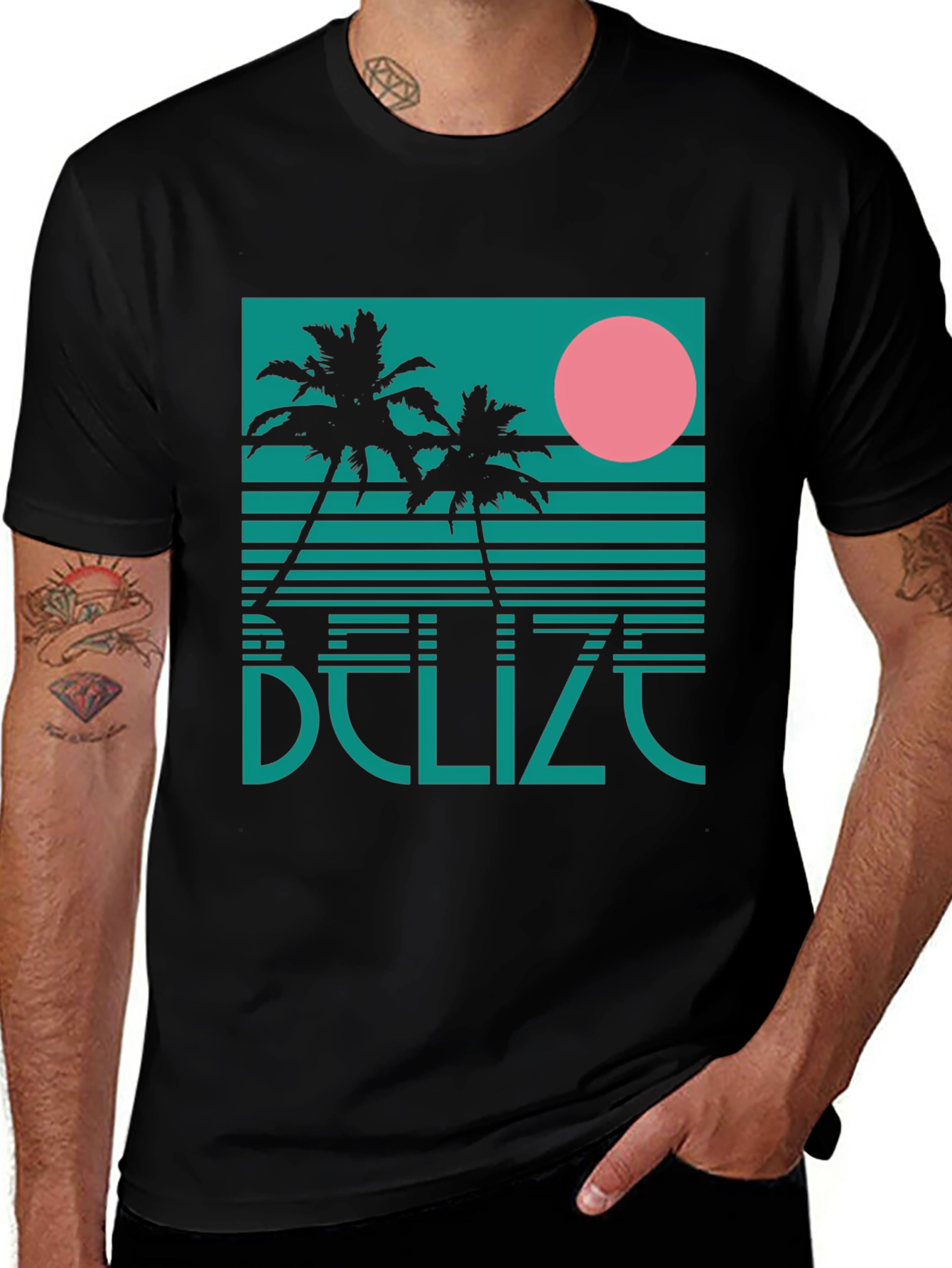 Black Belize Retro Palm Tree Graphic T-Shirt main image