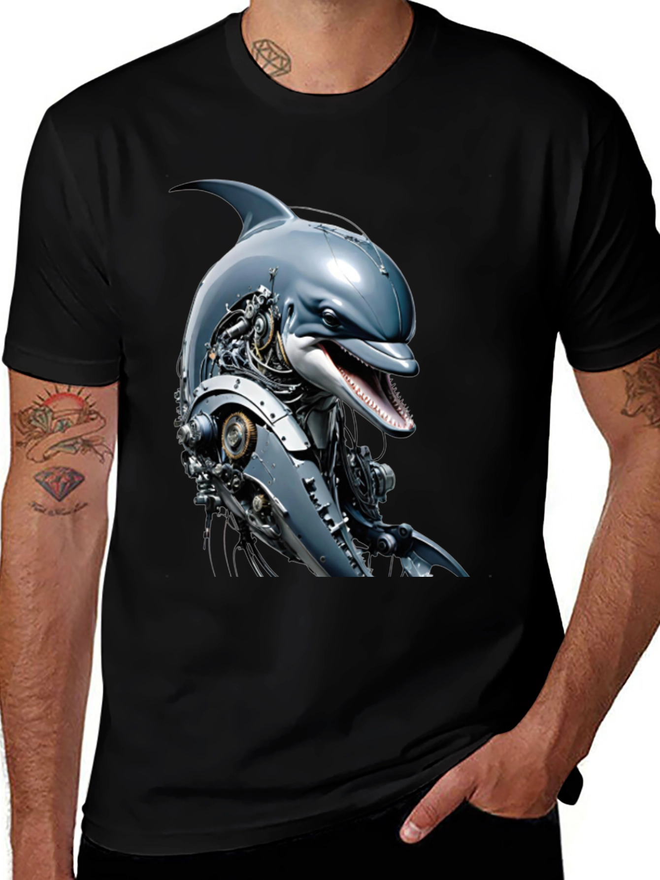 Robotic Dolphin Graphic Tee - Unique Sci-Fi Shirt