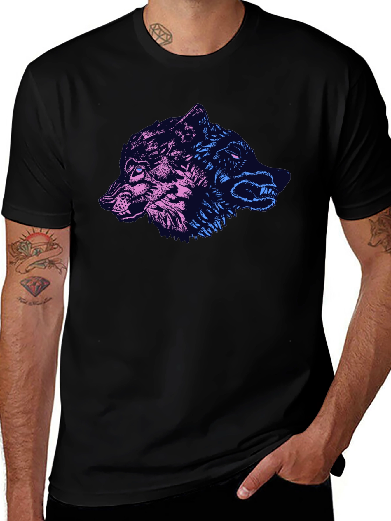 Variant 3 of Wolf Duo Graphic Print Black T-Shirt