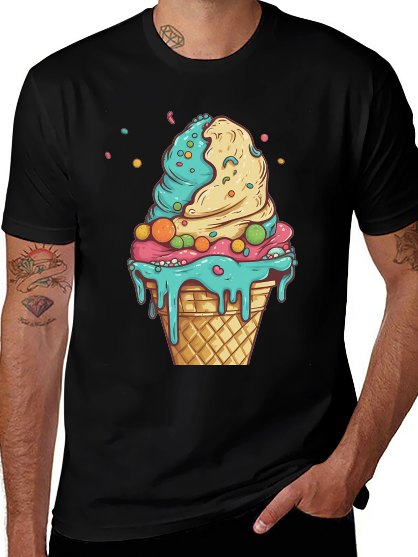 Variant 27 of Ice Cream Cone Graphic Tee - Black Cotton Shirt