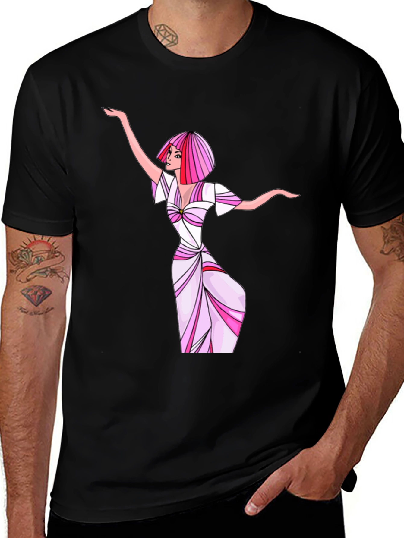 Variant 21 of Woman in Dress T-Shirt - Pink & White Design