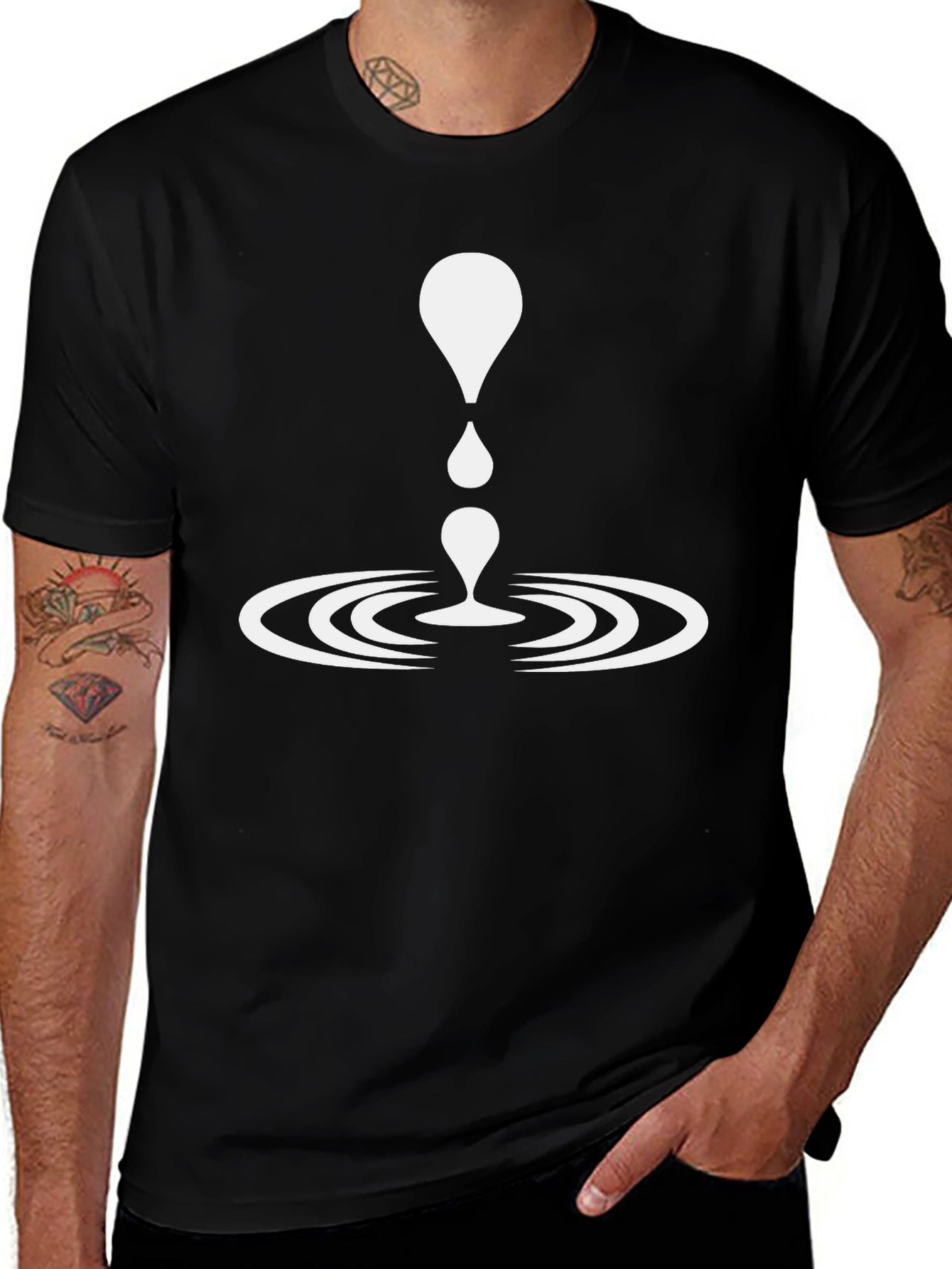 Variant 29 of Men's Black T-Shirt - Water Drop Ripple Design