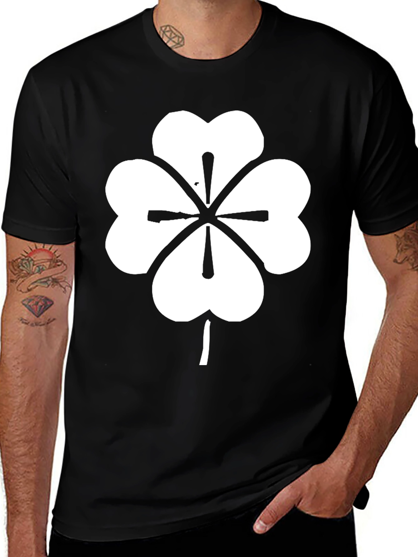 Variant 5 of Black T-Shirt with White Four-Leaf Clover Design