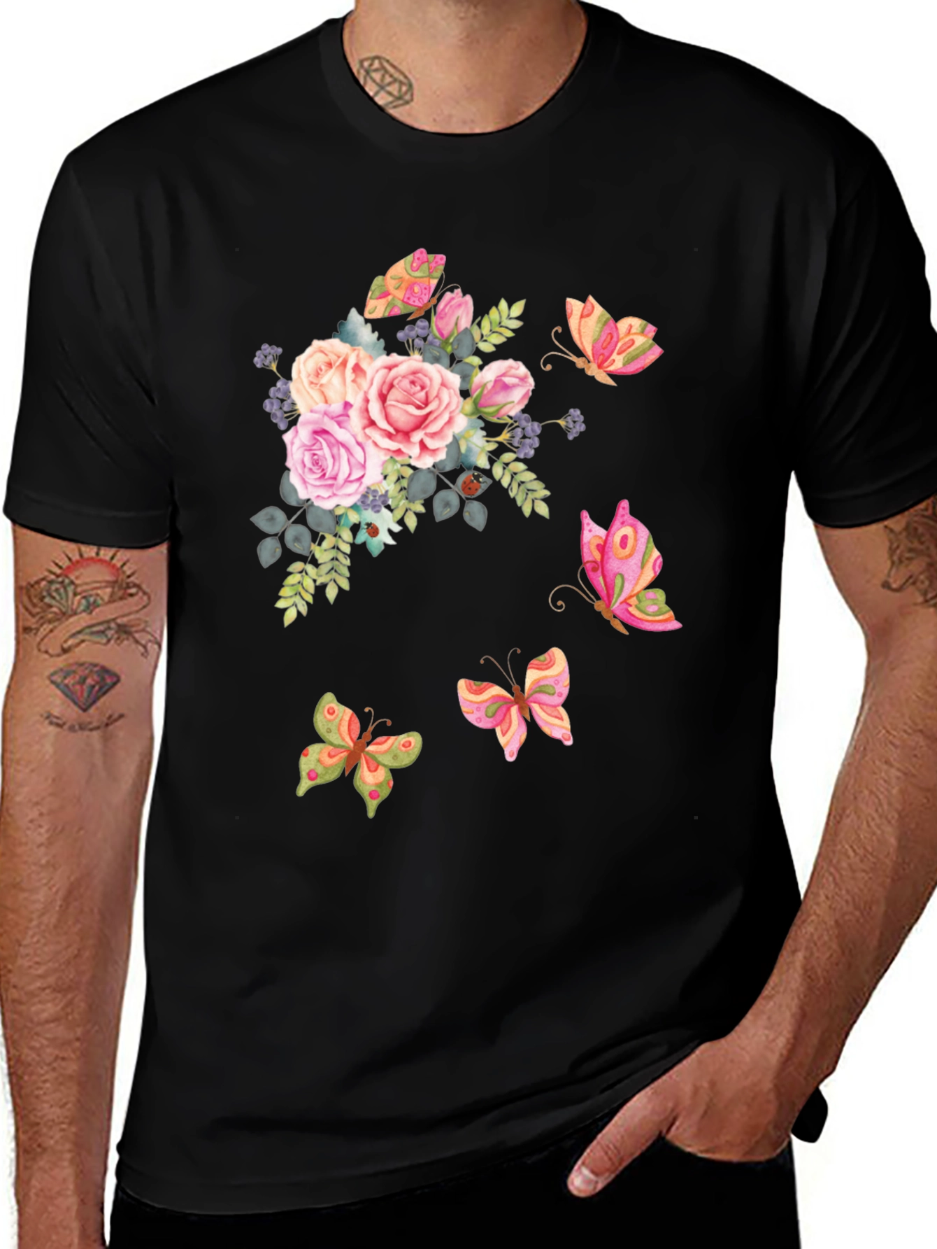 Variant 6 of Floral Butterfly Print Black T-Shirt