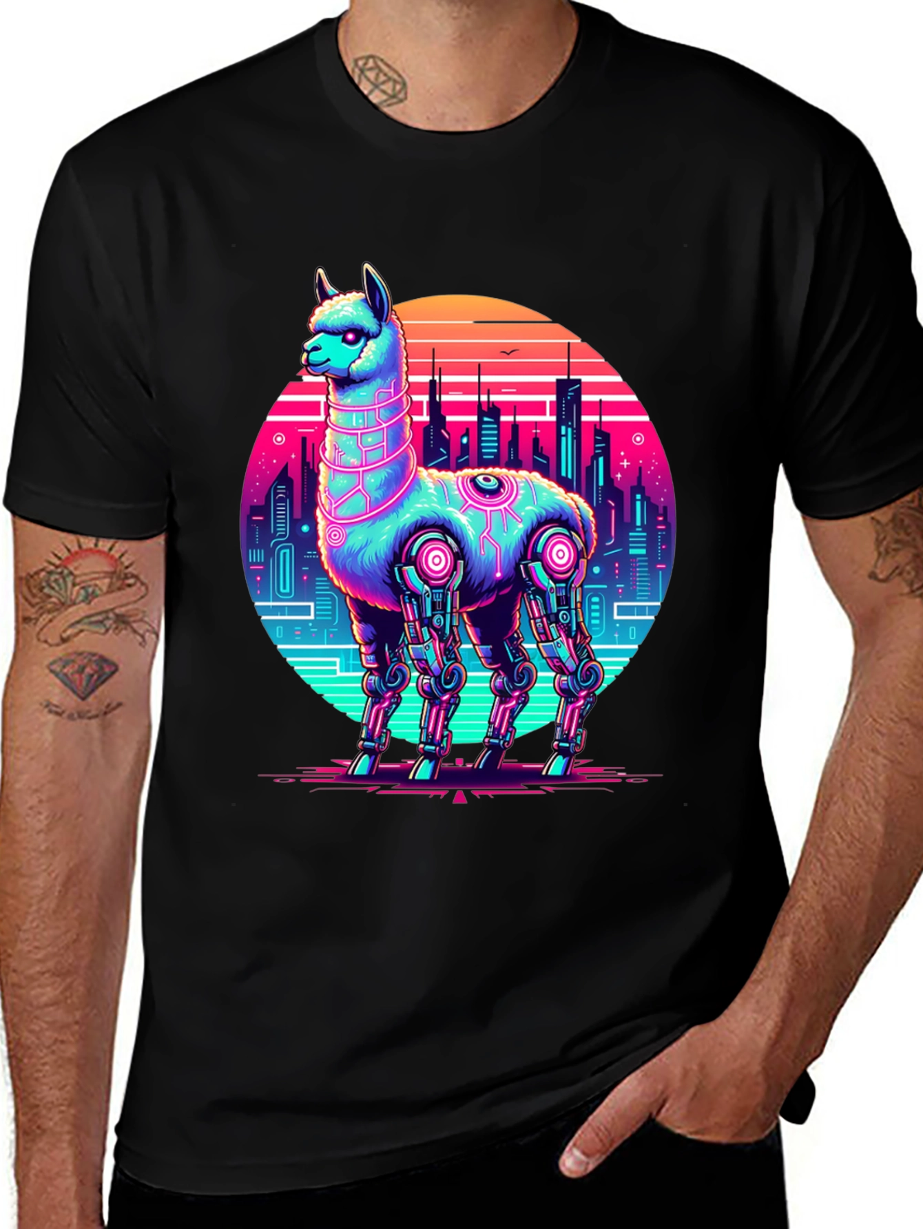 Variant 20 of Cyberpunk Llama T-Shirt - Neon Robot Alpaca Tee