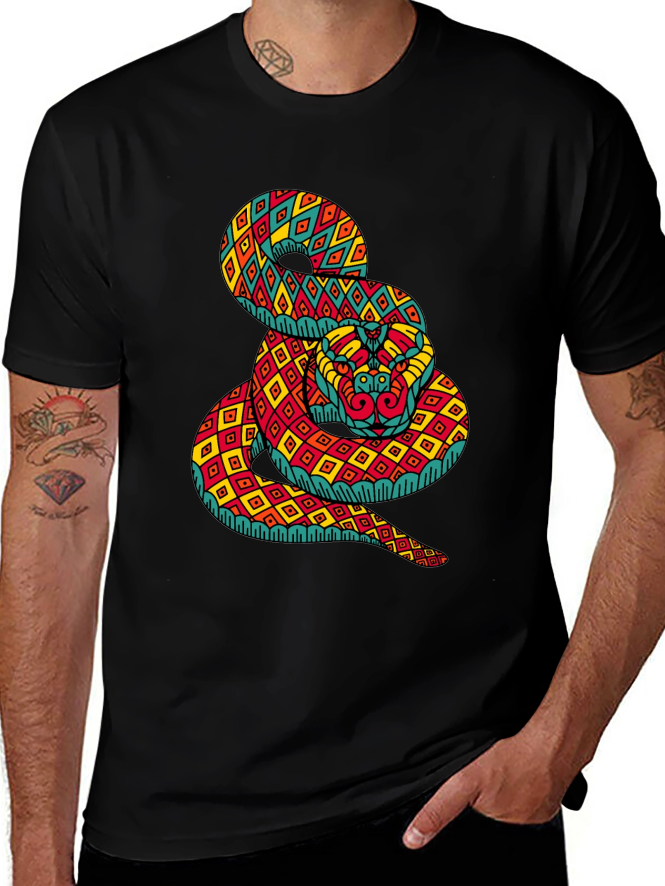 Geometric Snake Print Black T-Shirt