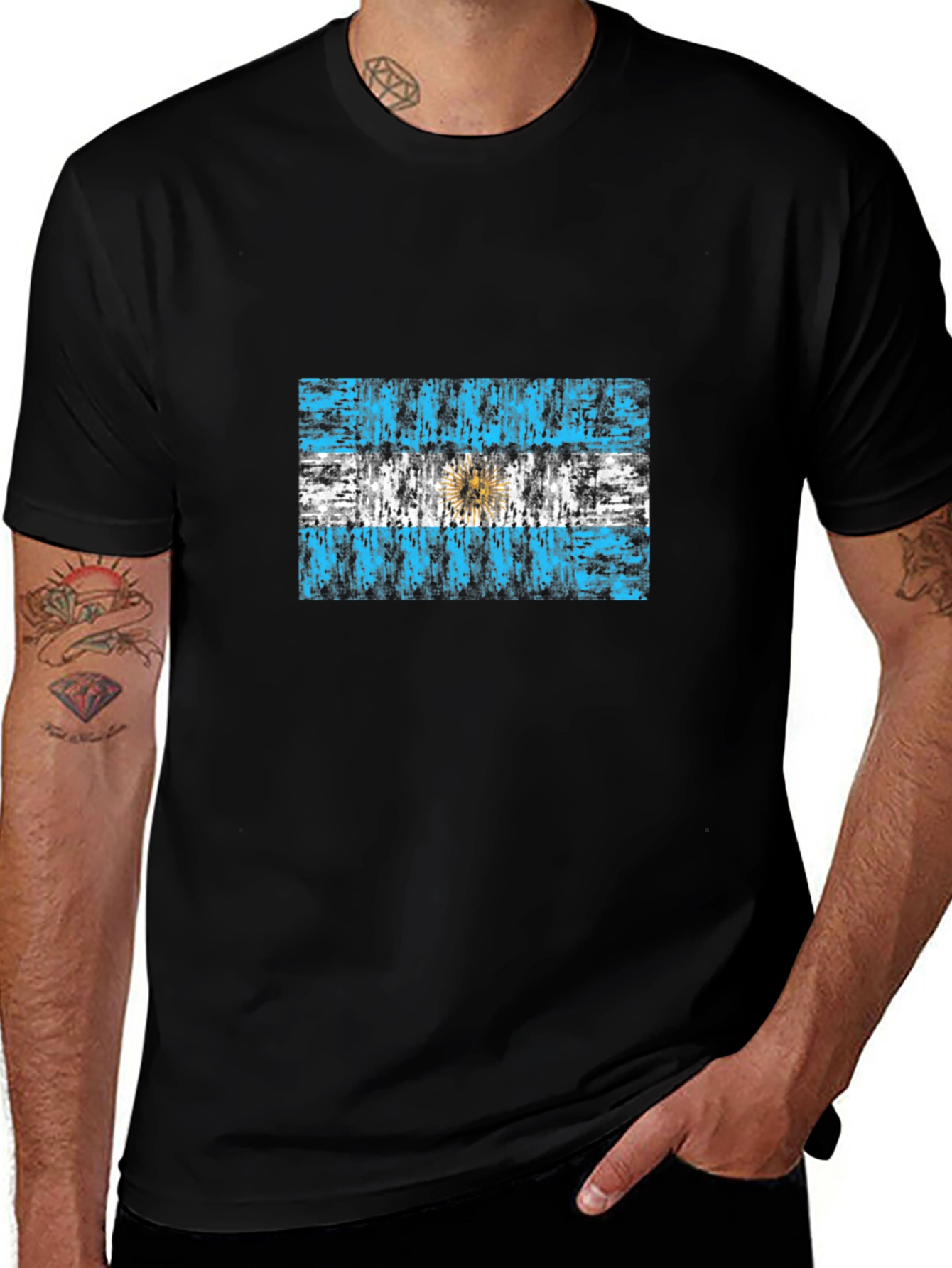 Argentina Flag Distressed Graphic T-Shirt - Black