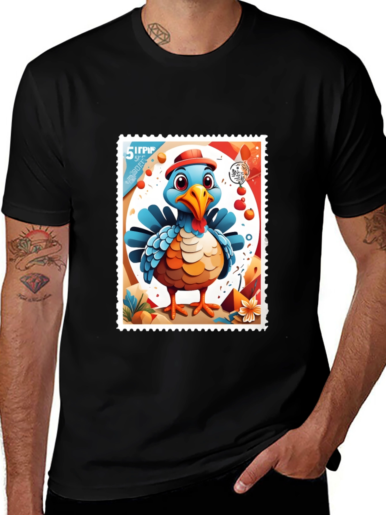Variant 6 of Turkey Stamp Graphic Tee - Black Cotton T-Shirt