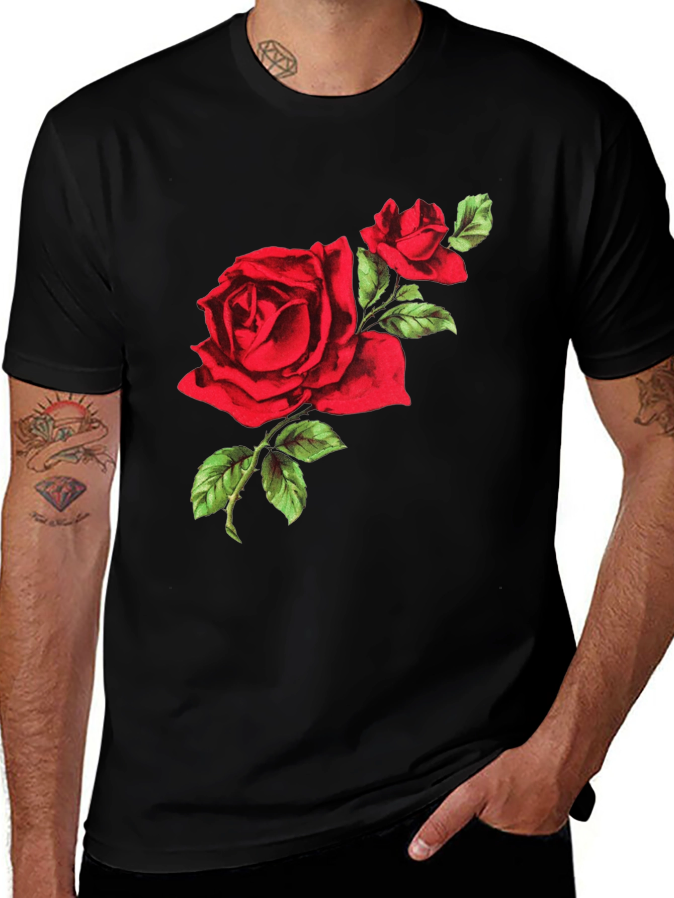 Black Red Rose Graphic Tee - Black Cotton T-Shirt main image