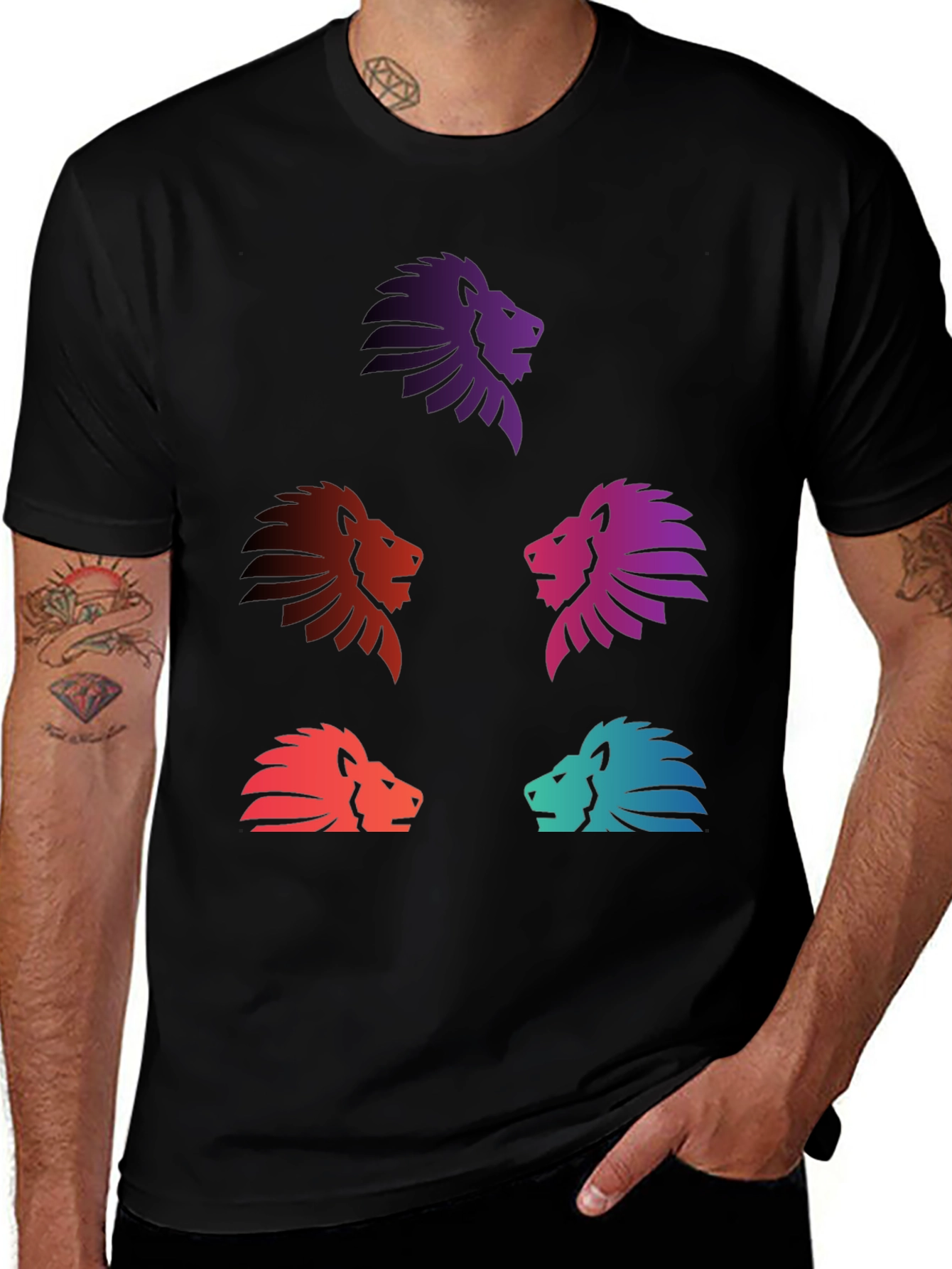 Variant 8 of Colorful Lion Heads Graphic Print T-Shirt