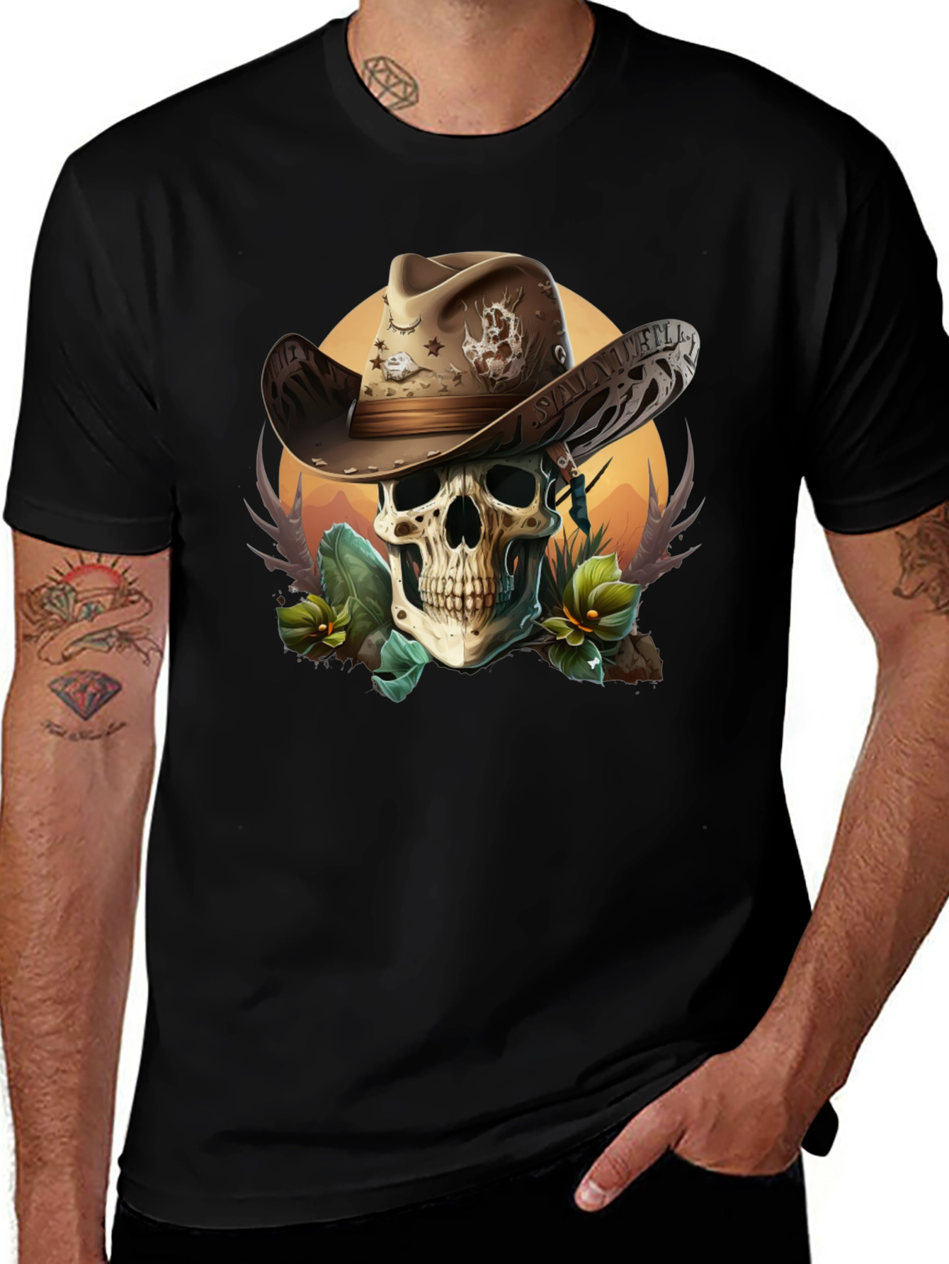Variant 21 of Skull Cowboy Hat Graphic Black Tee