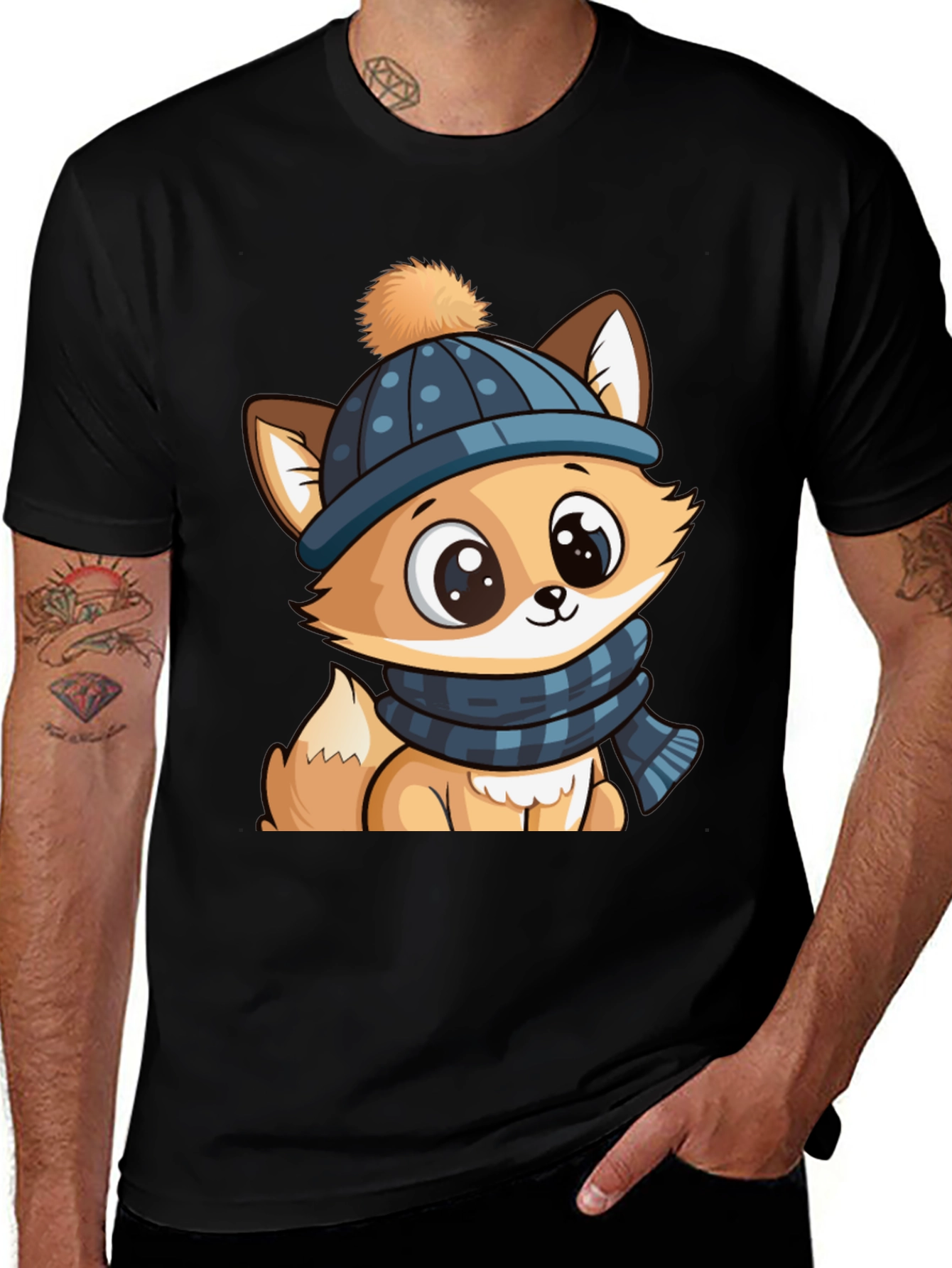 Variant 6 of Cute Cartoon Fox with Winter Hat Graphic Tee