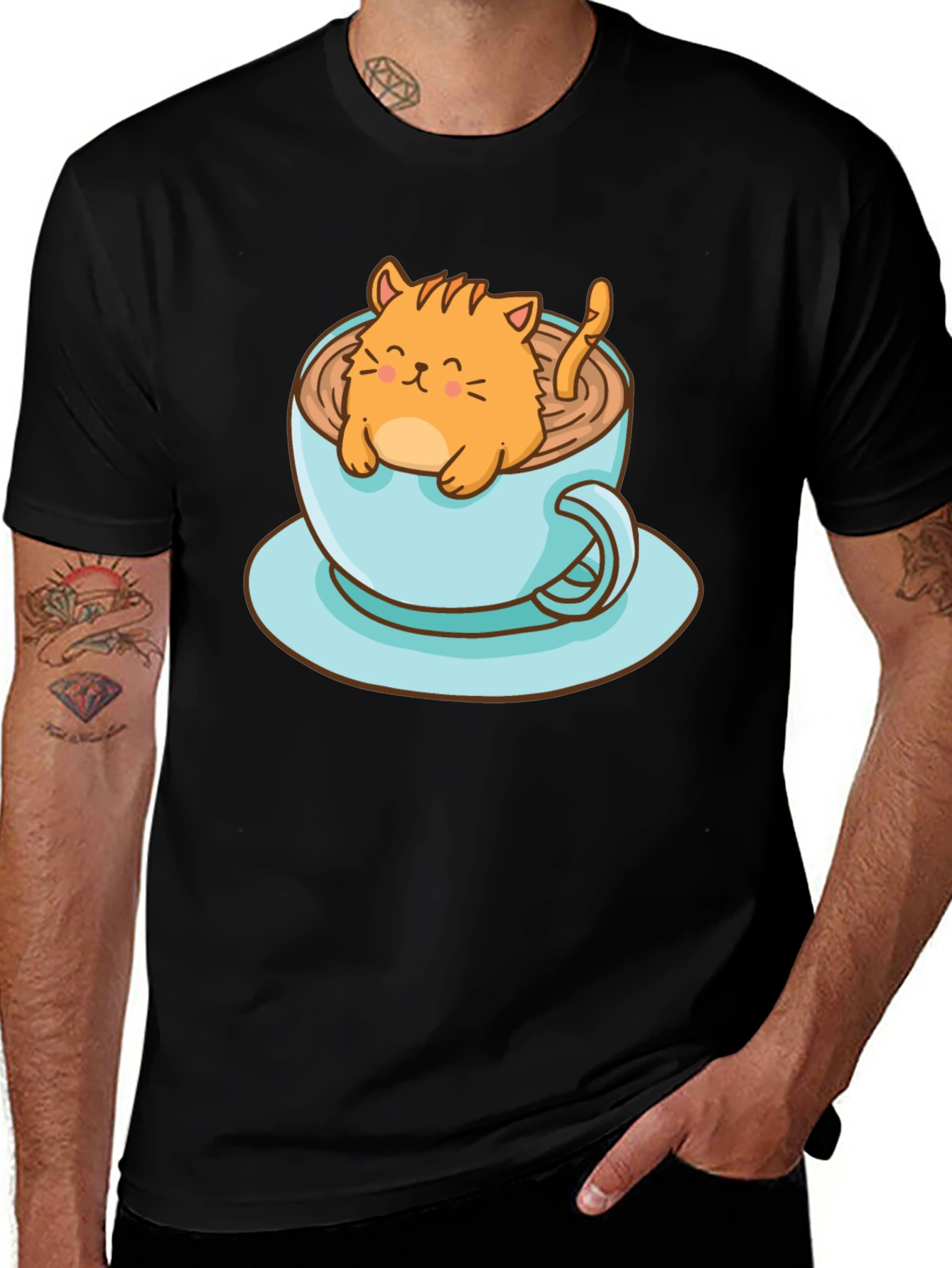 Variant 8 of Cute Cat in Coffee Cup Graphic Tee - Black