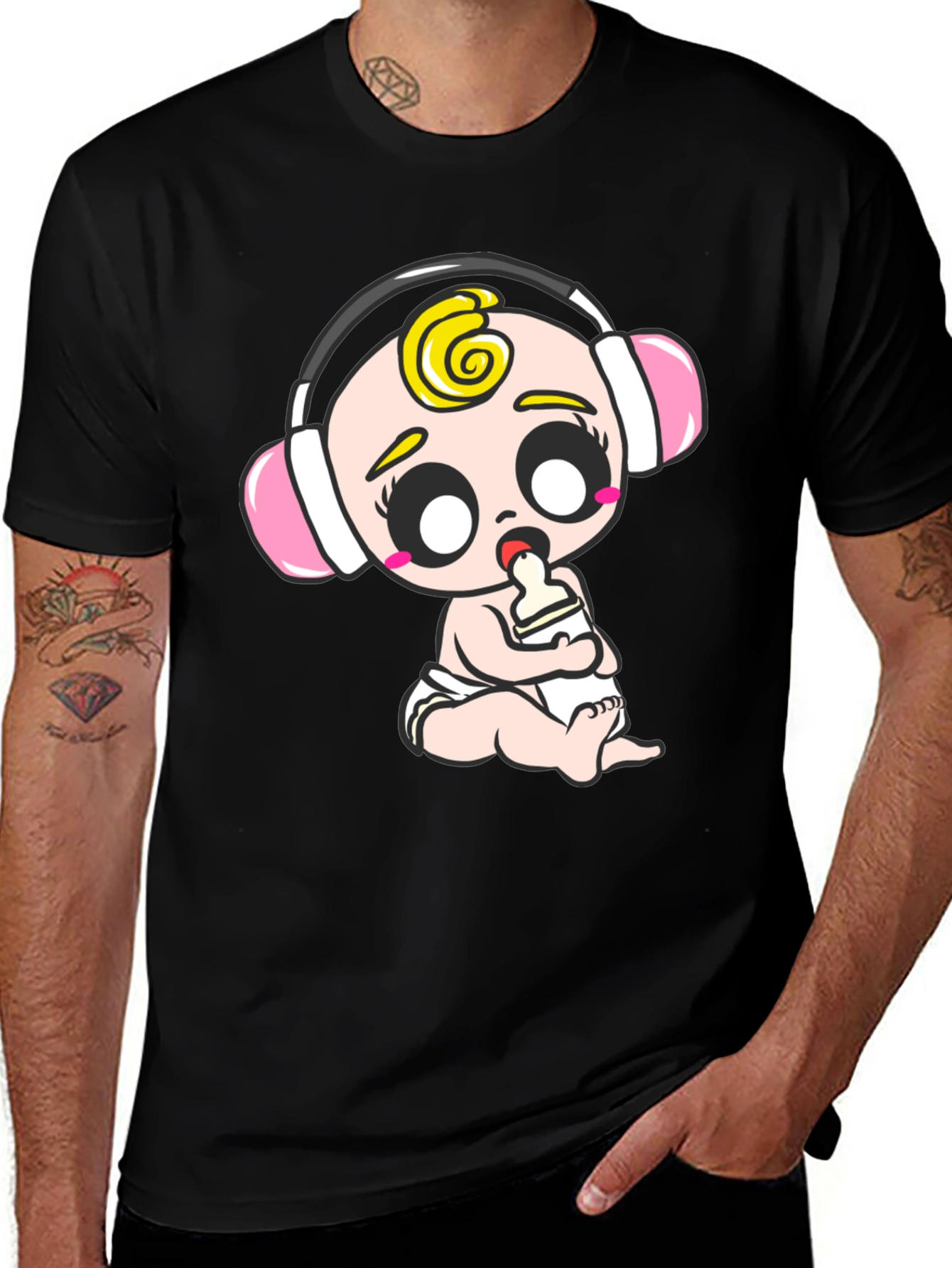 Variant 26 of Baby DJ Graphic Tee - Cute Cartoon Infant on Black Cotton T-Shirt
