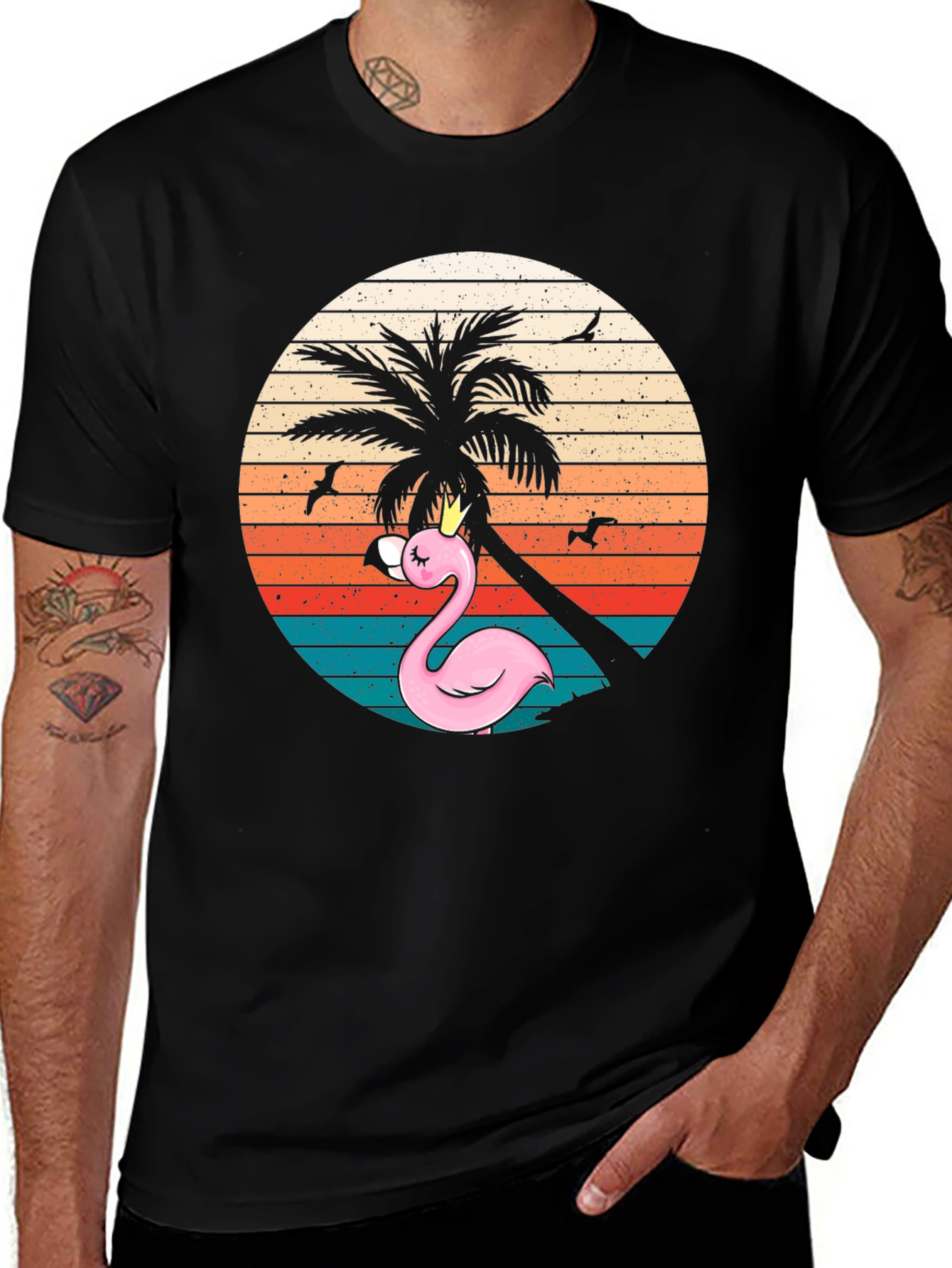 Variant 9 of Retro Flamingo Palm Tee - Tropical Summer Vibes