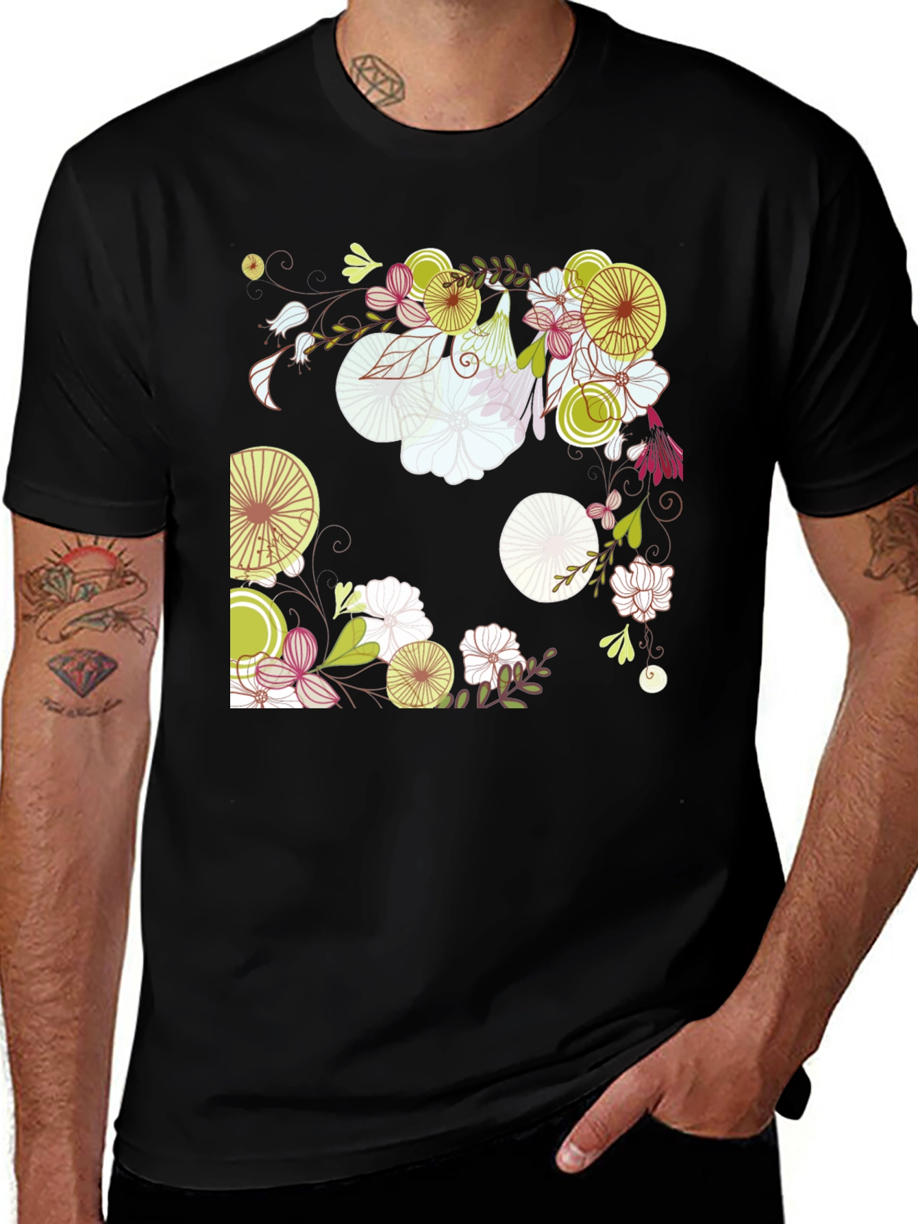 Variant 25 of Floral Print Black Cotton T-Shirt
