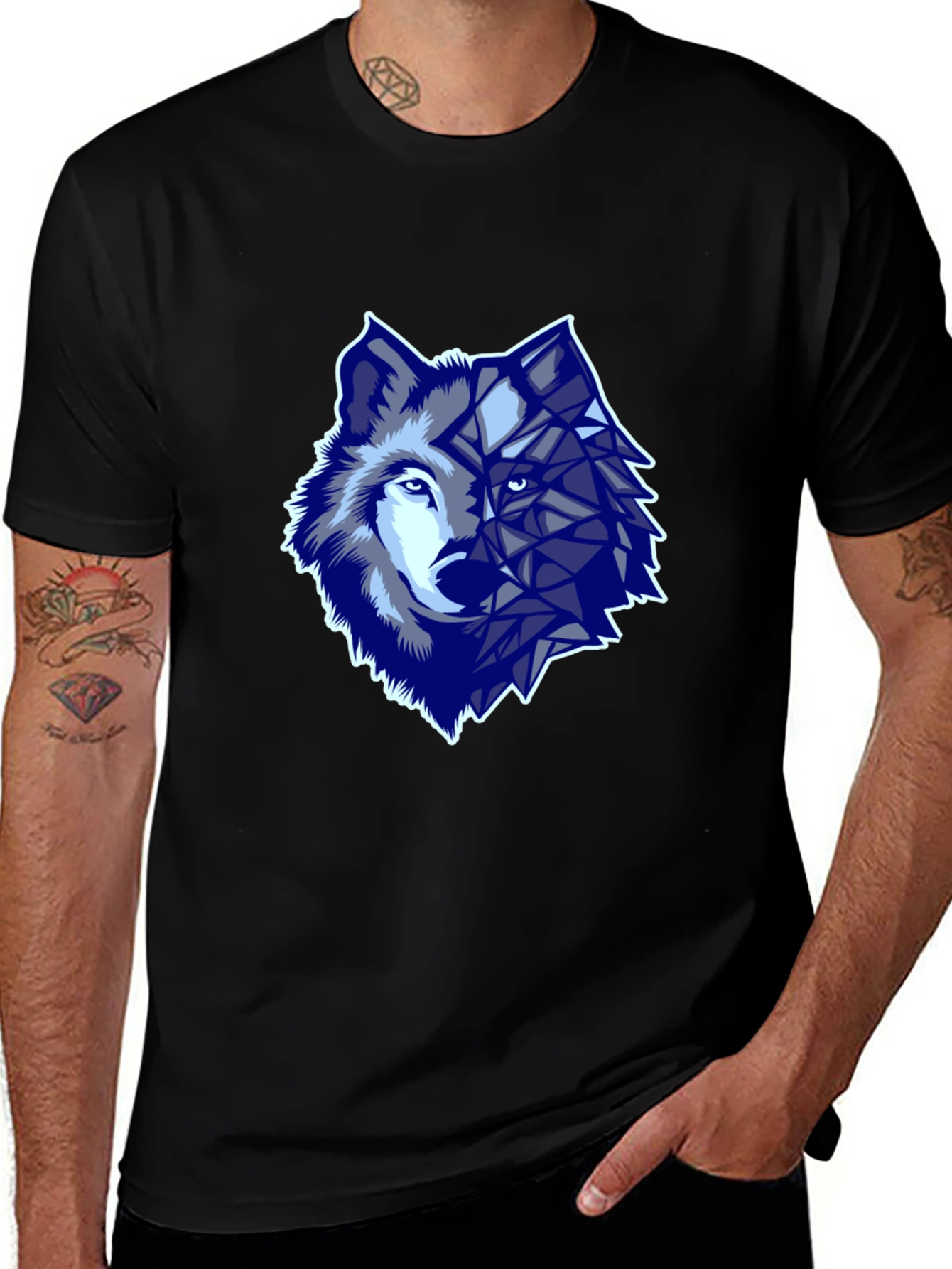Variant 4 of Geometric Wolf Graphic Black T-Shirt