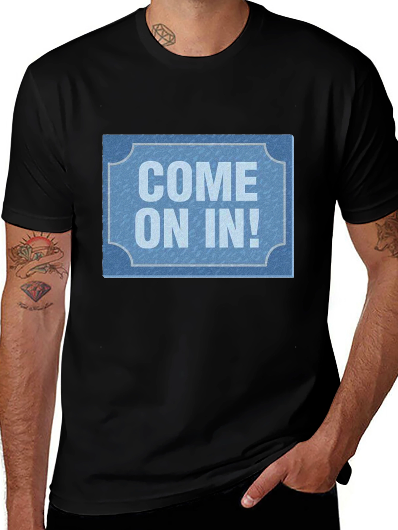 Variant 23 of Come On In! Graphic Tee - Black Cotton Casual T-Shirt