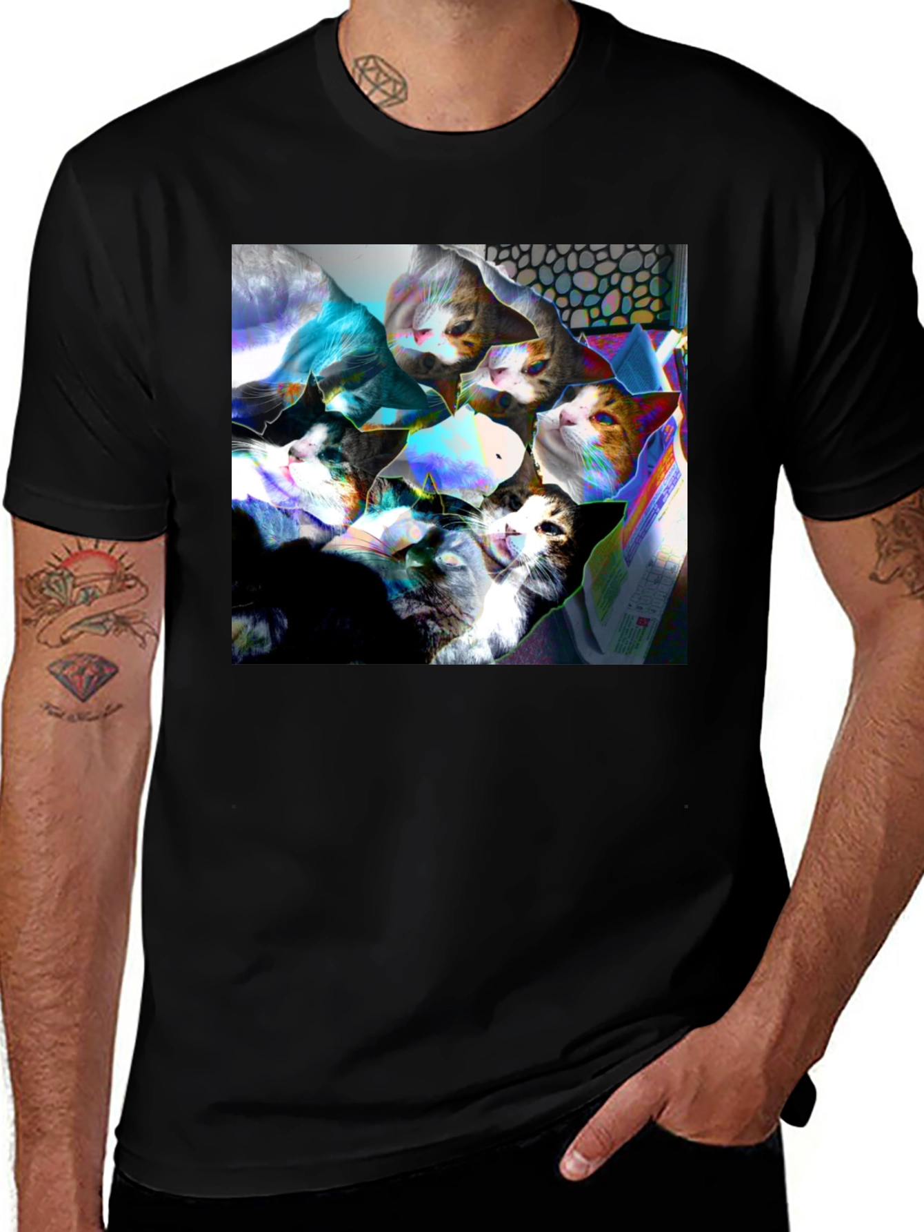 Variant 11 of Abstract Cats Graphic Print Black T-Shirt