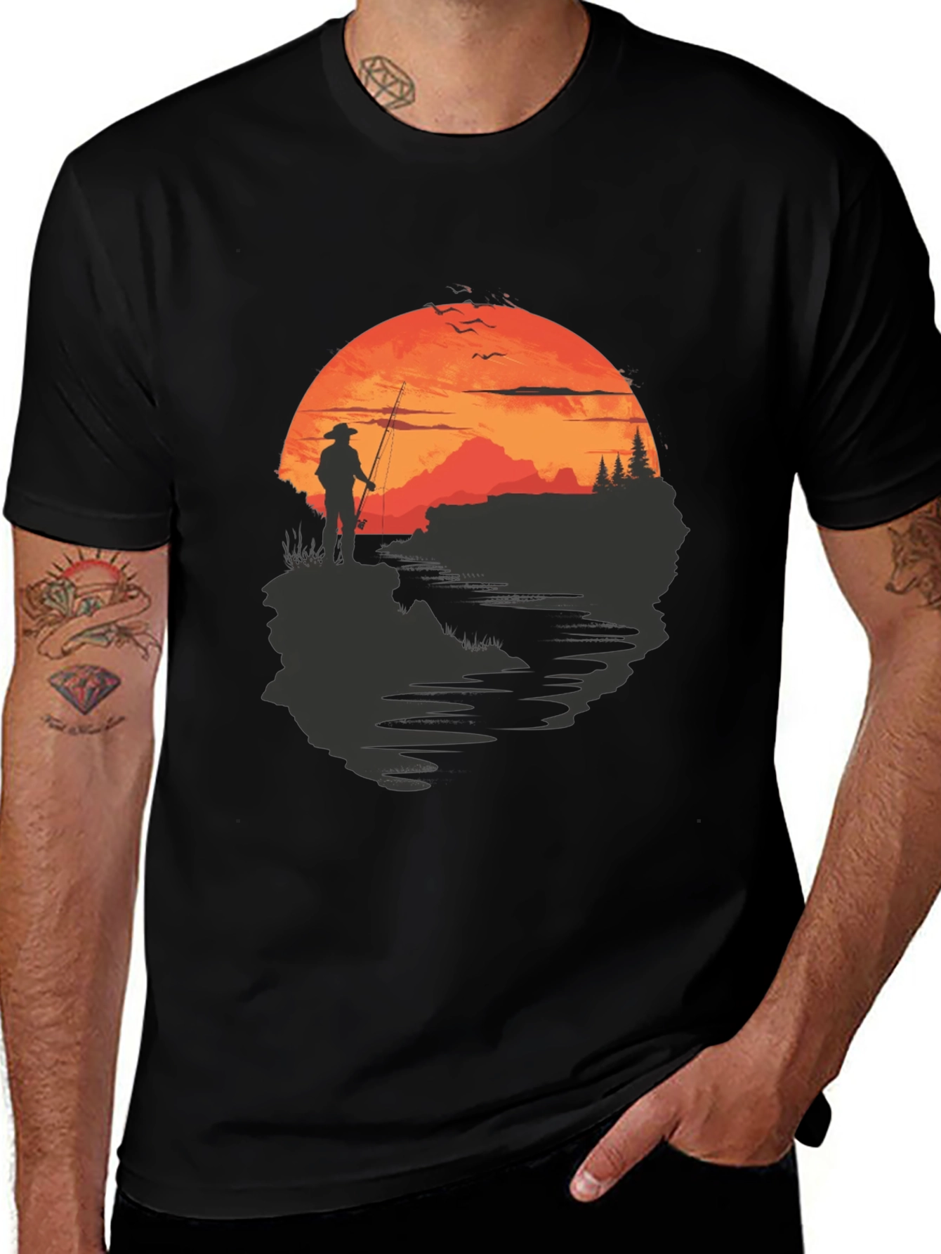 Black Fisherman Sunset Graphic Tee - Black Crew Neck main image