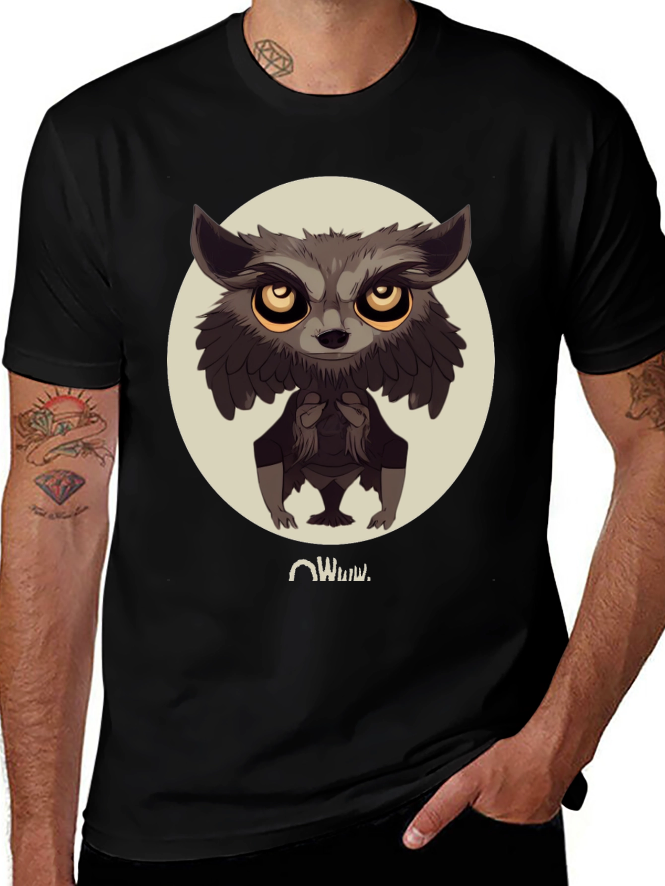 Variant 18 of Owl Cartoon Graphic Black T-Shirt