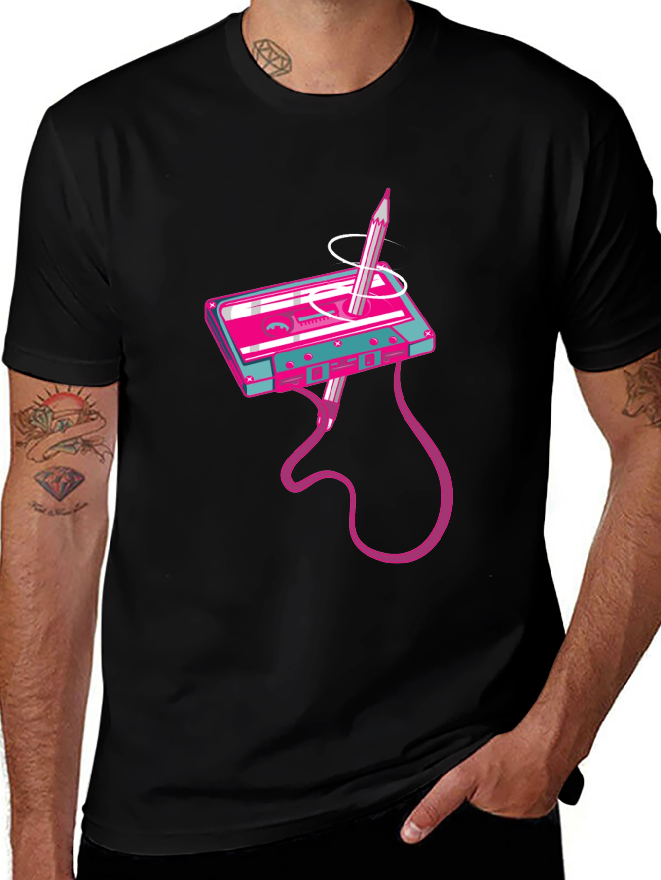 Retro Cassette Tape & Pencil Graphic T-Shirt