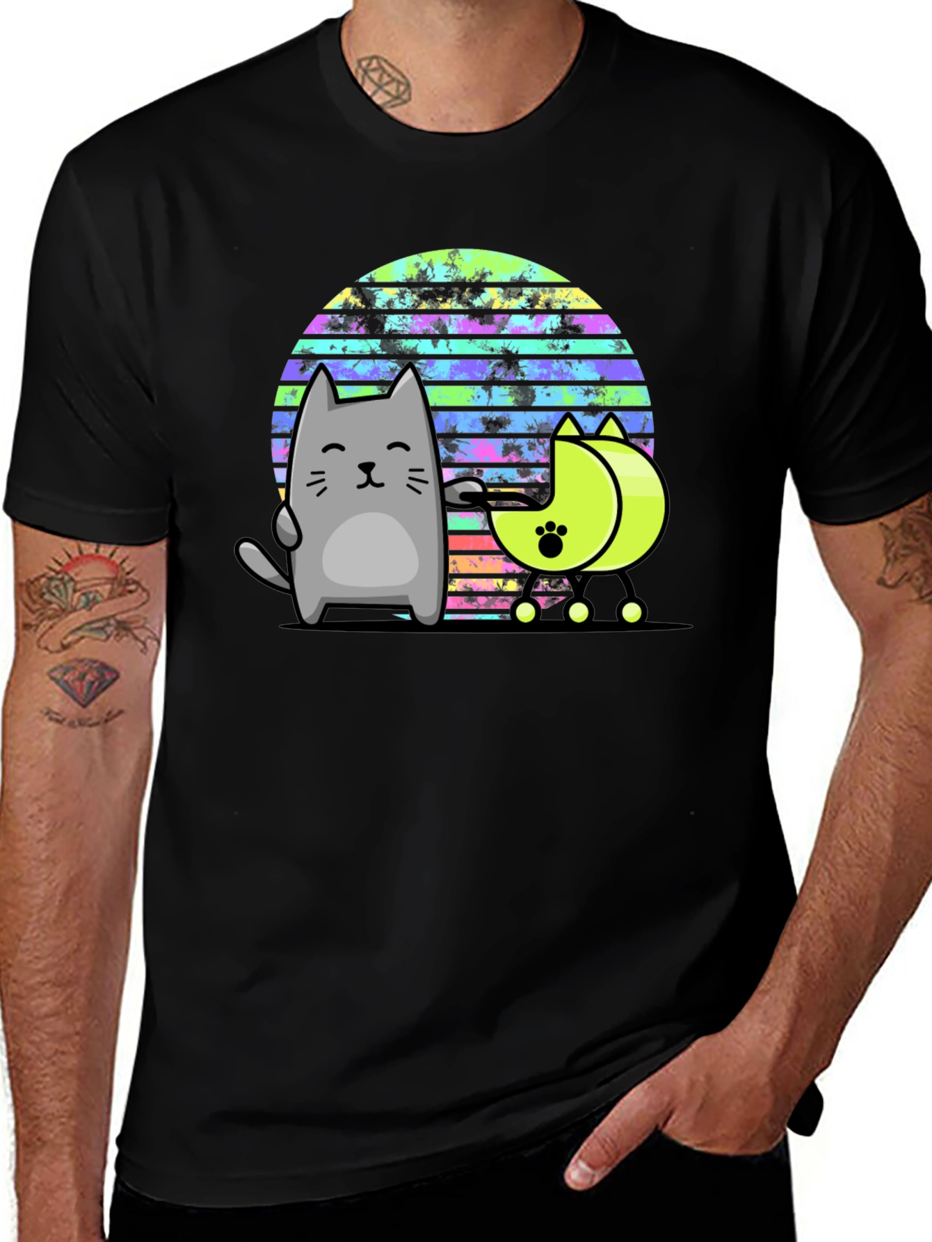 Black Retro Cat T-Shirt - 80s Style Graphic Tee main image