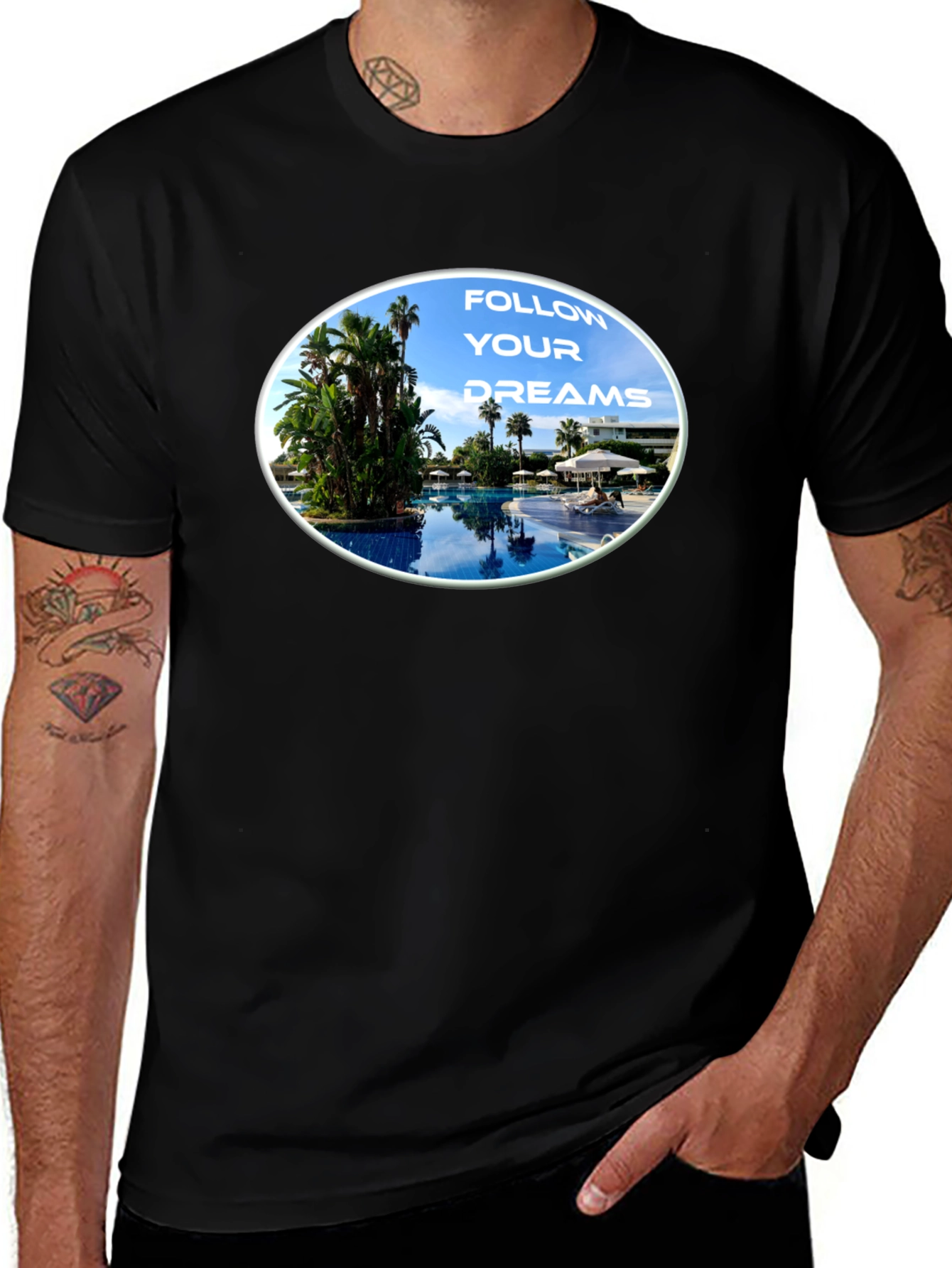 Variant 12 of Follow Your Dreams Black T-Shirt - Palm Tree Pool Design