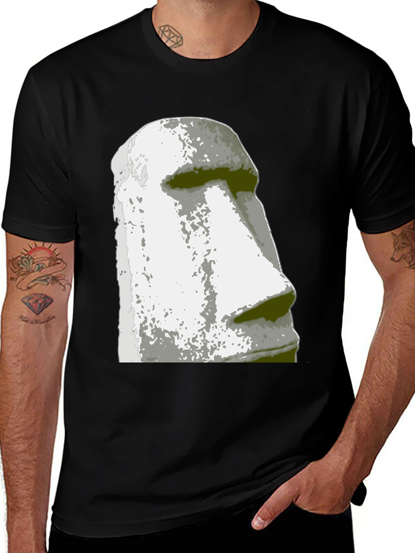 Variant 4 of Moai Head Graphic Tee - Black Cotton Casual Shirt