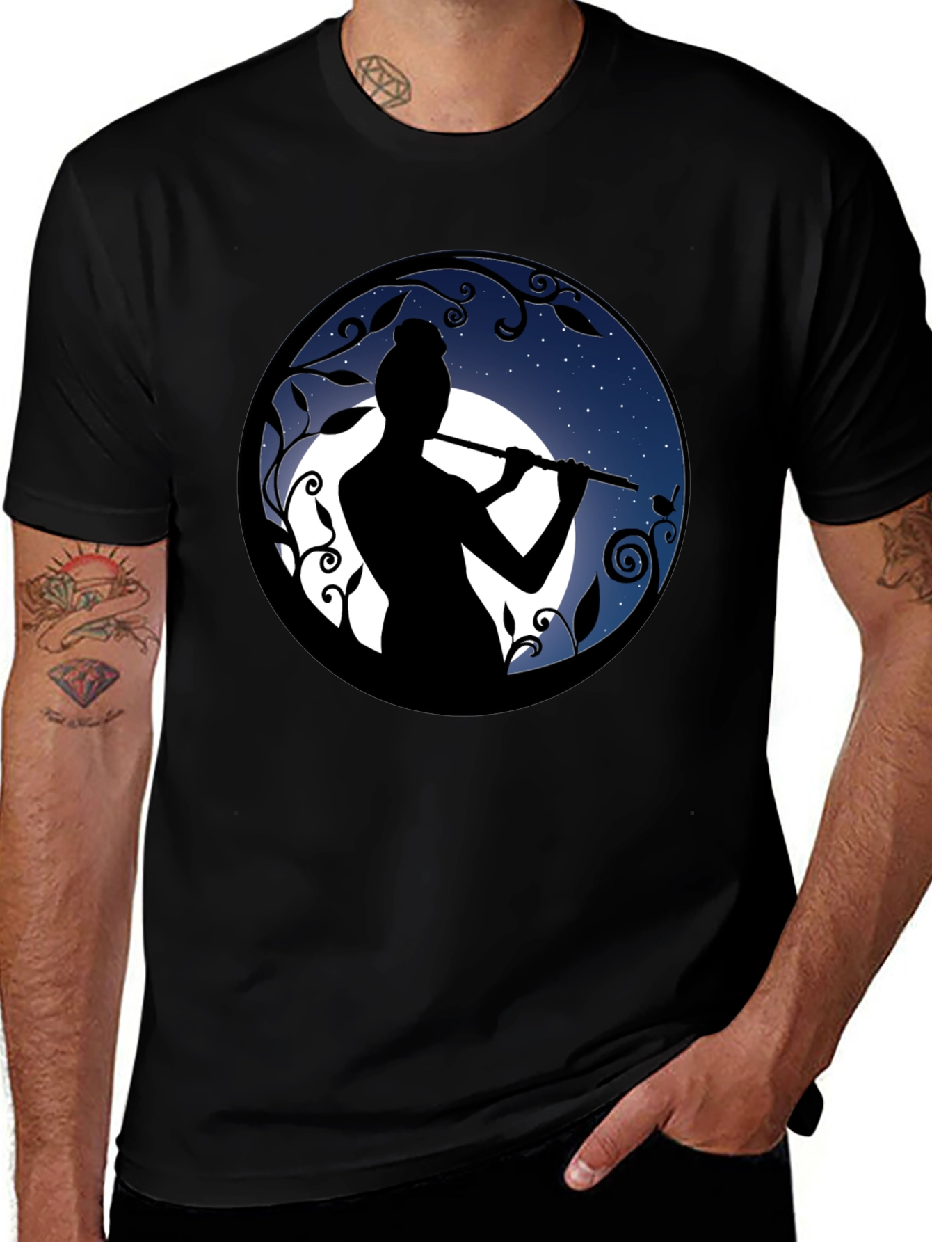 Flute Player Silhouette Graphic Black T-Shirt