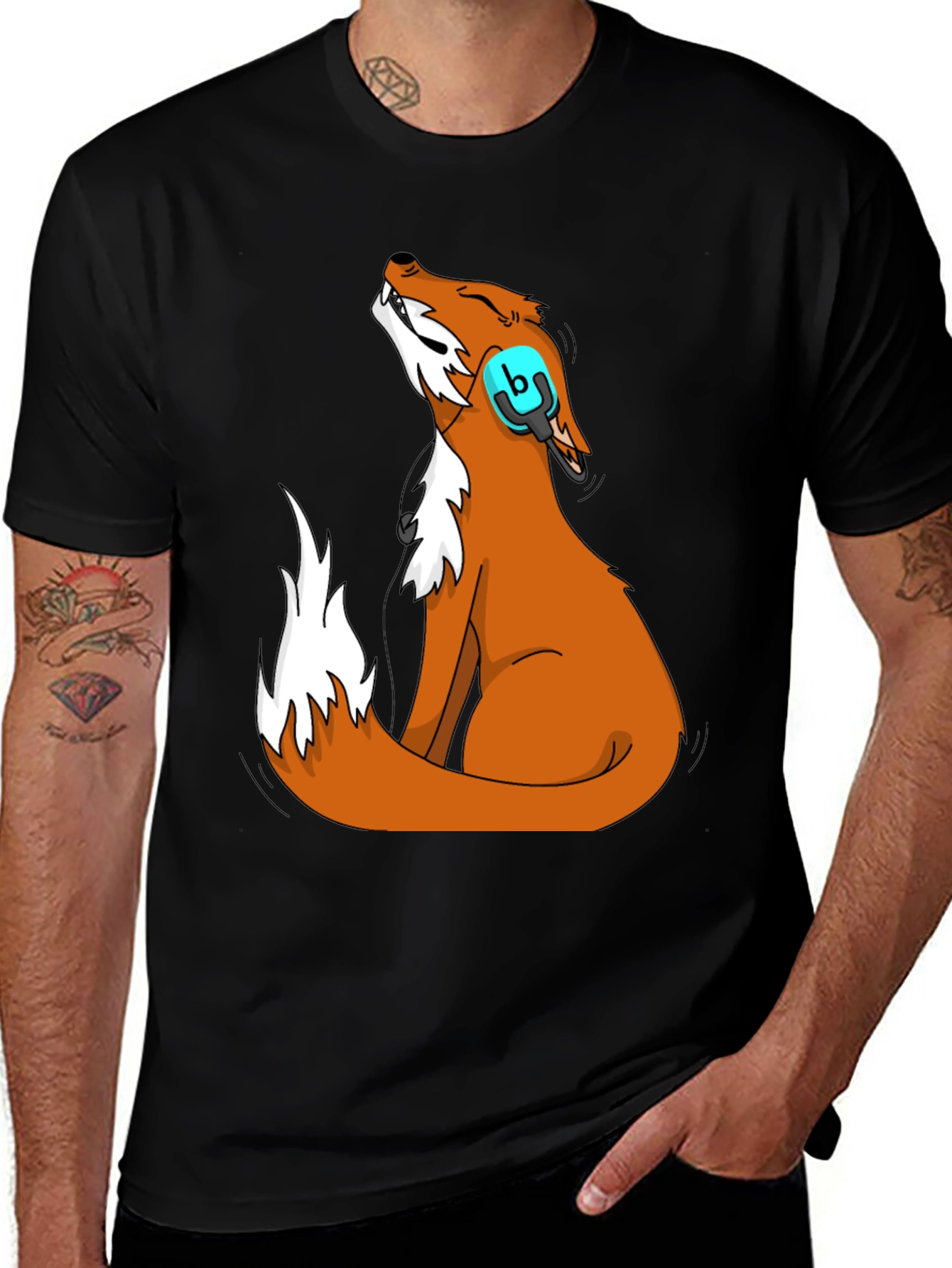Variant 4 of Fox with Headphones Graphic Tee - Black Cotton T-Shirt
