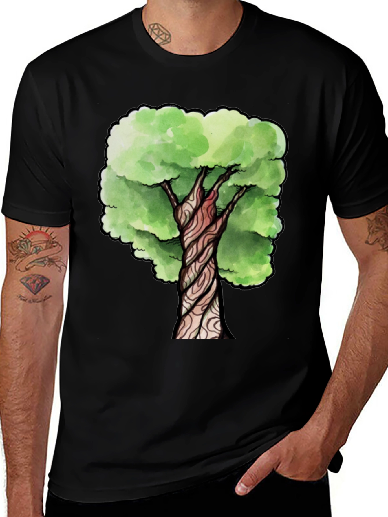 Variant 25 of Watercolor Tree Graphic Print Black T-Shirt
