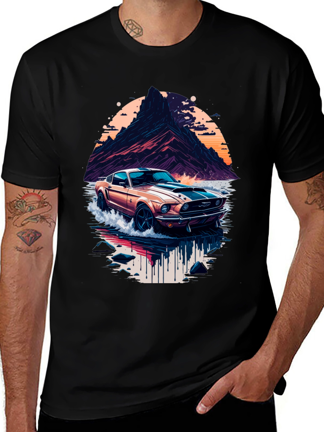 Black Retro Car Graphic Tee - Cool Mountainscape Design main image
