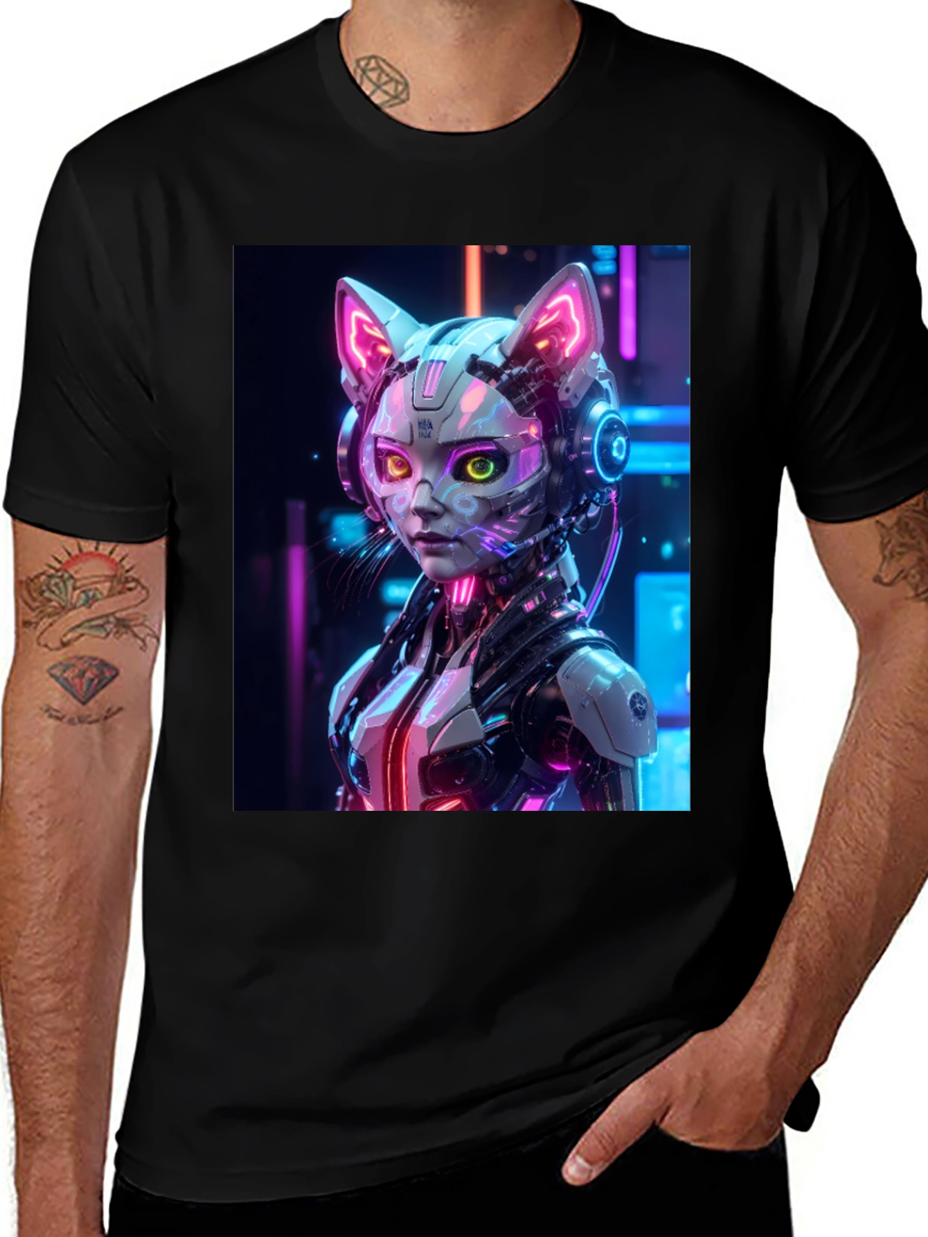 Variant 15 of Cyberpunk Cat Woman Graphic Tee - Futuristic Style
