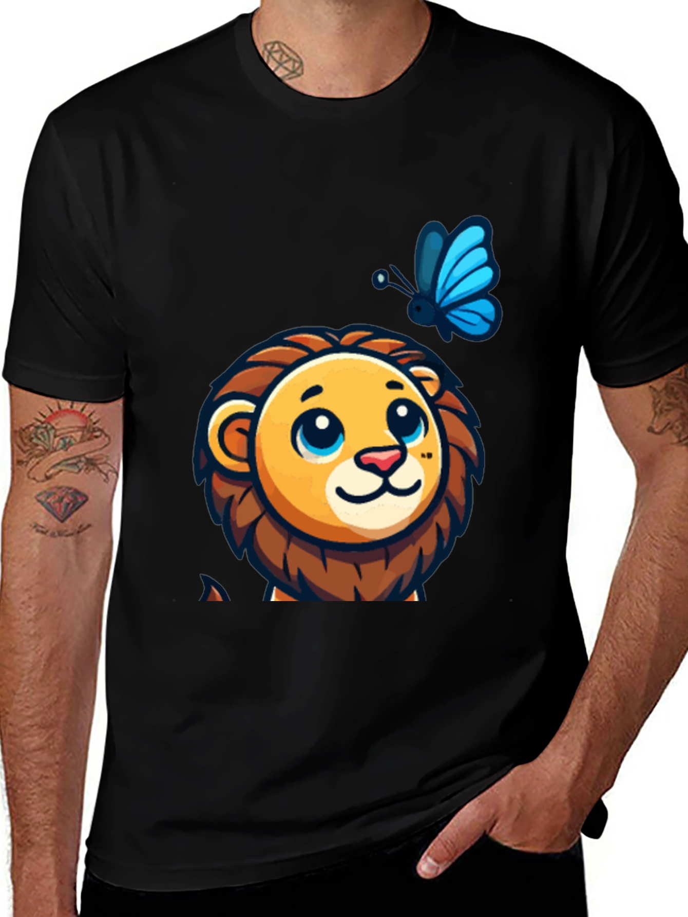 Variant 19 of Cute Lion & Butterfly Graphic Black T-Shirt
