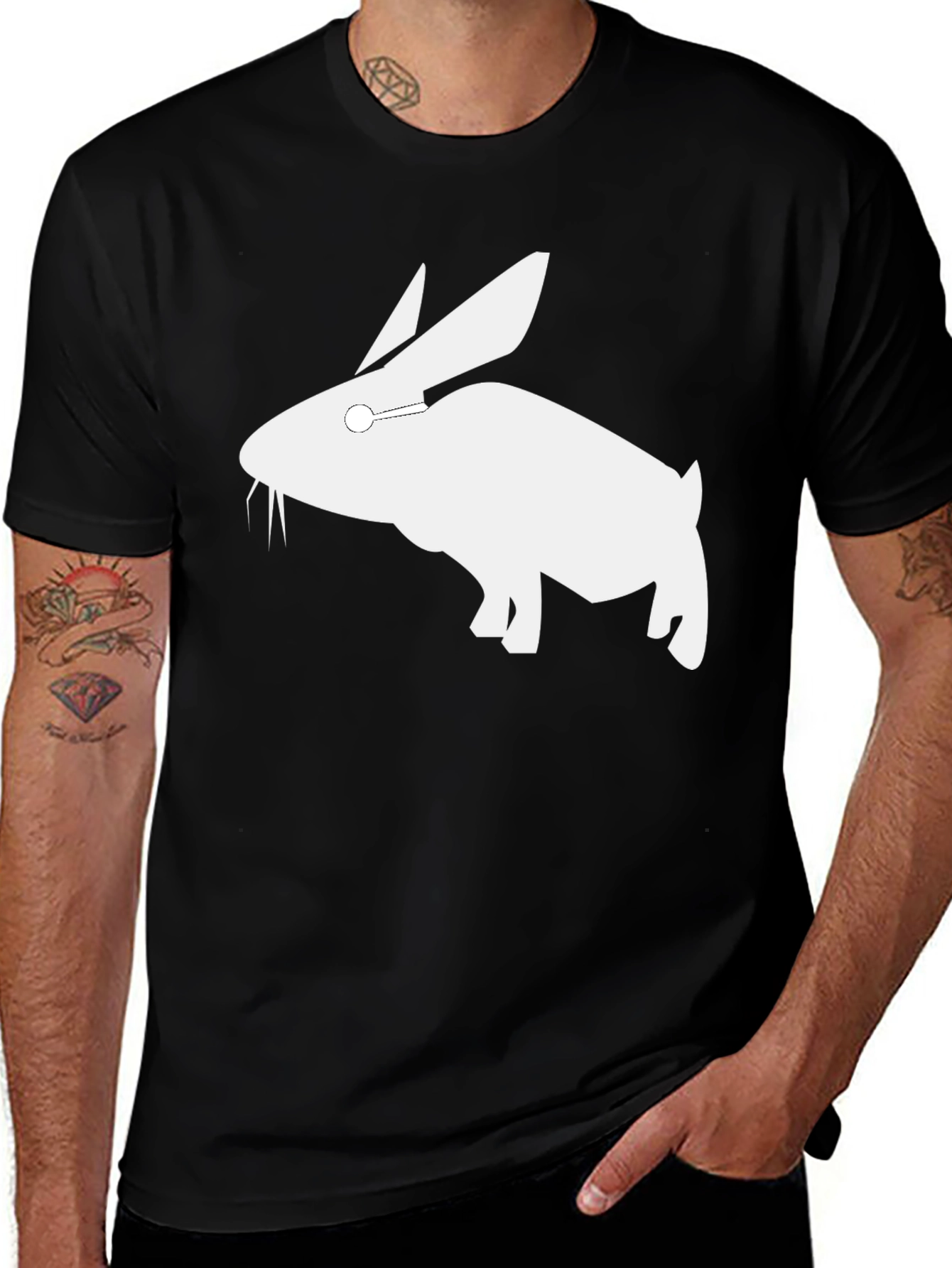Variant 16 of Men's Black T-Shirt with White Rabbit Graphic