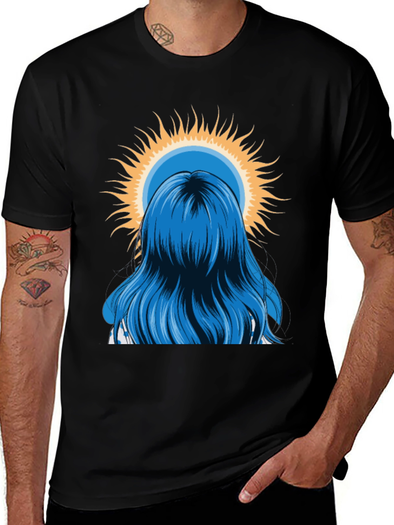 Variant 14 of Blue Hair Girl Sun Graphic Black T-Shirt