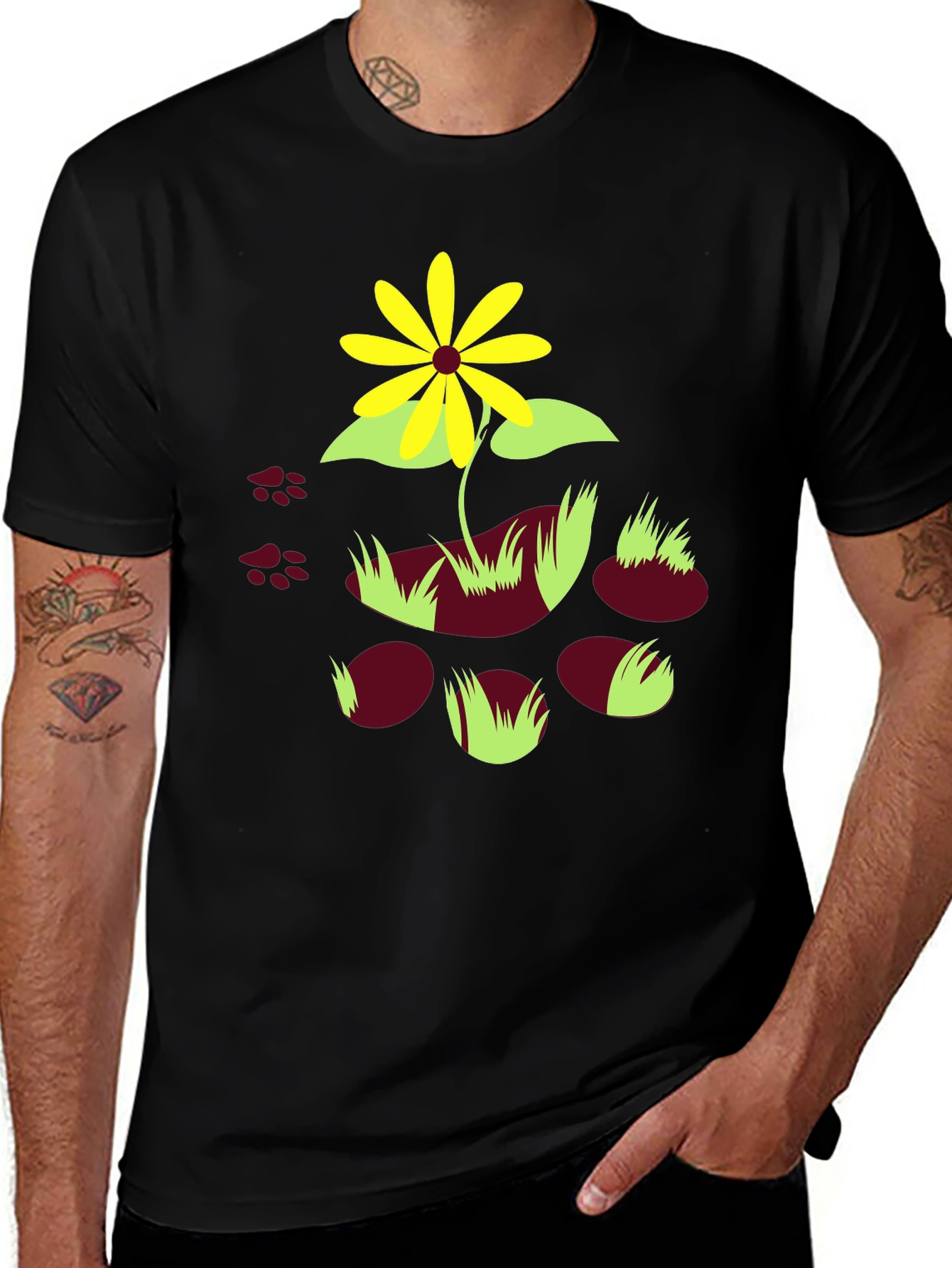 Black T-Shirt with Floral and Paw Print Design