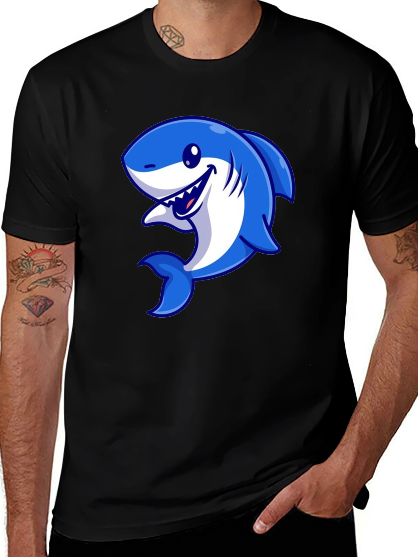 Variant 6 of Shark Graphic Tee - Blue Cartoon Shark on Black Shirt