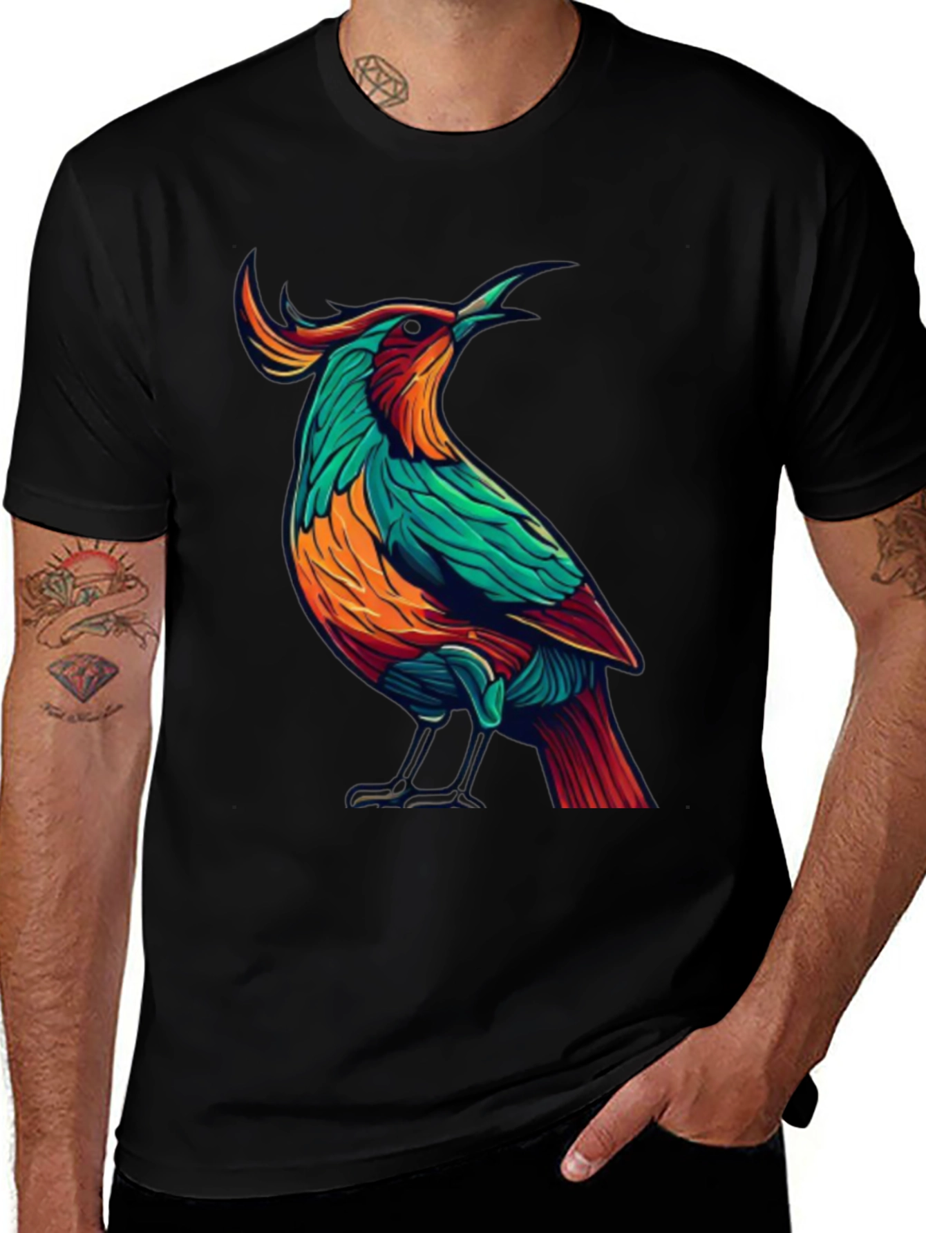 Variant 29 of Vibrant Bird Graphic Tee - Men's Black T-Shirt