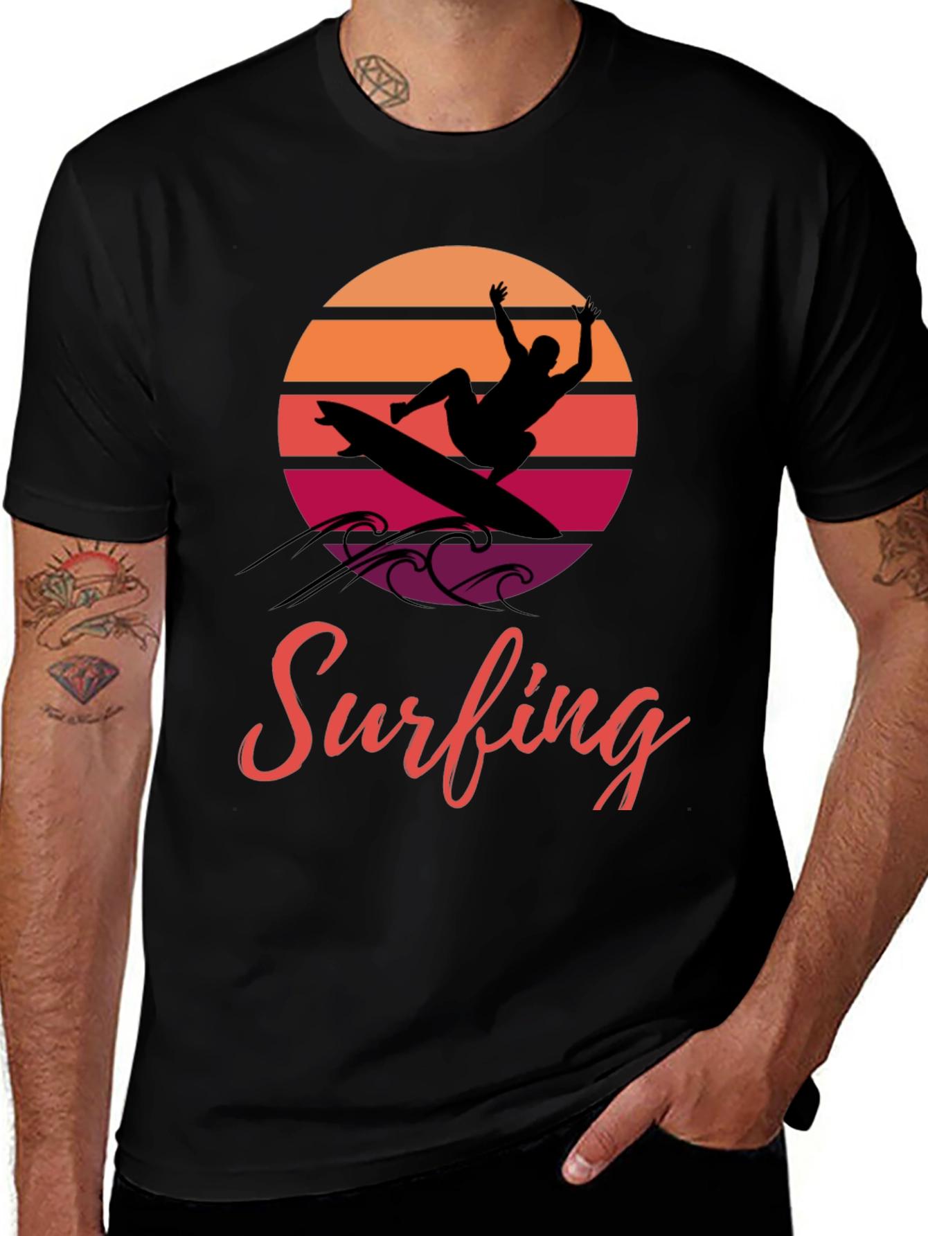 Surfing Sunset Graphic Tee - Black Cotton Comfort