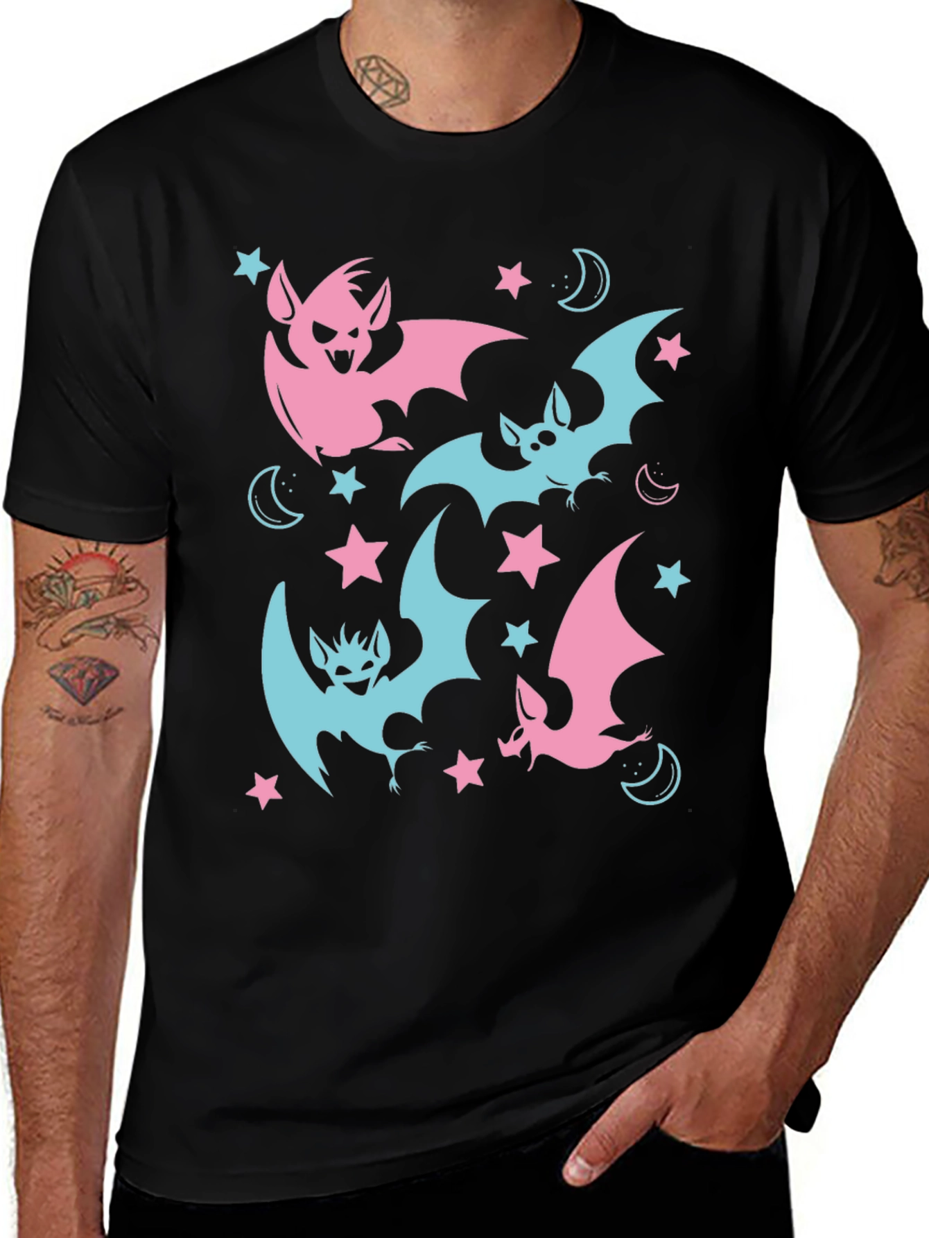 Variant 23 of Cute Pastel Bats Graphic Print Black T-Shirt
