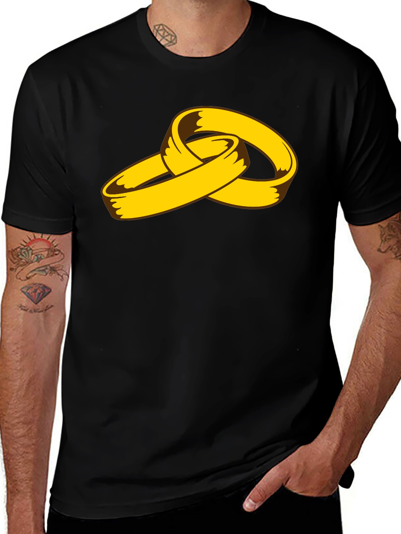 Variant 27 of Cartoon Gold Rings Graphic Black T-Shirt
