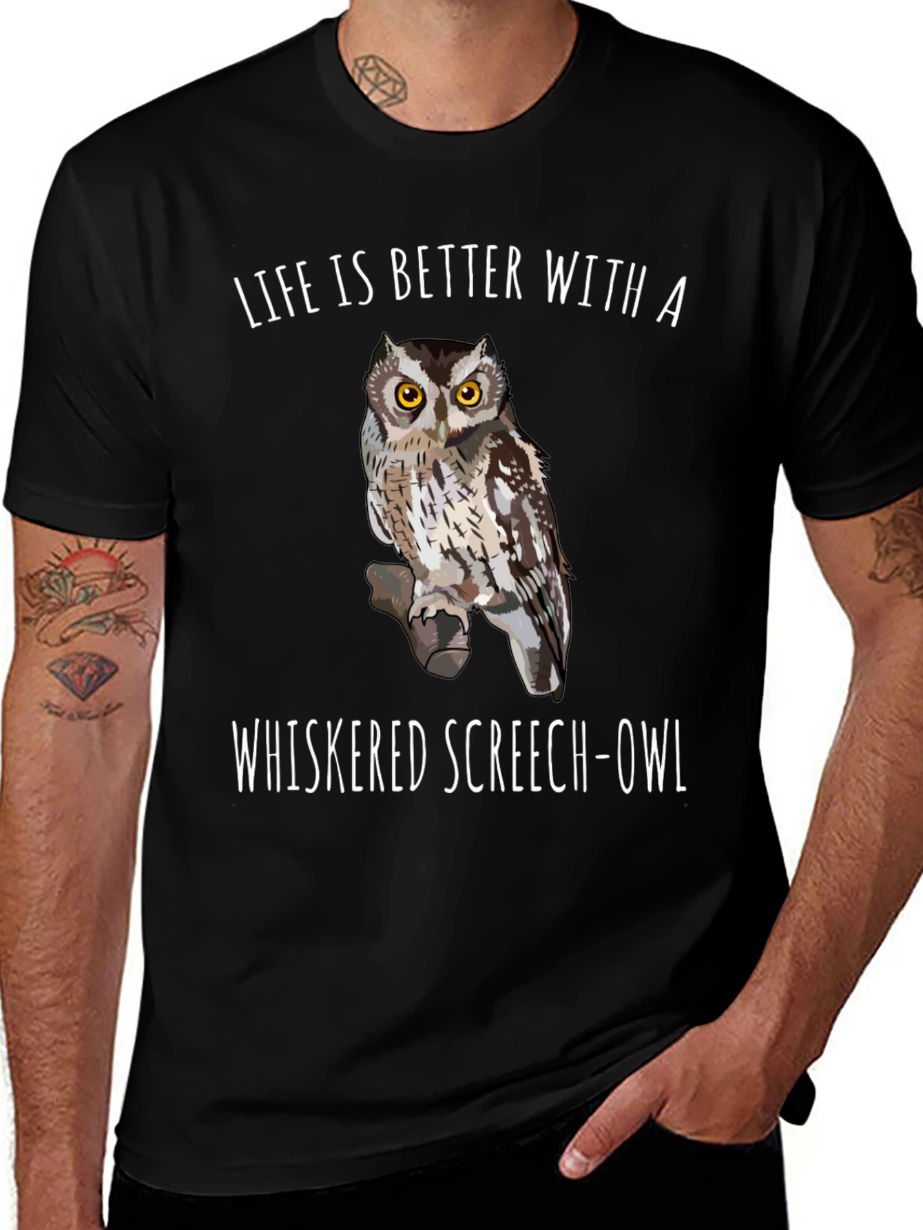 Variant 27 of Whiskered Screech Owl Graphic Tee, Black T-Shirt