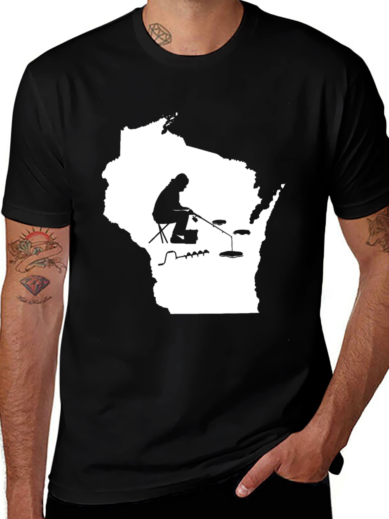 Wisconsin Ice Fishing T-Shirt State Outline Graphic Tee
