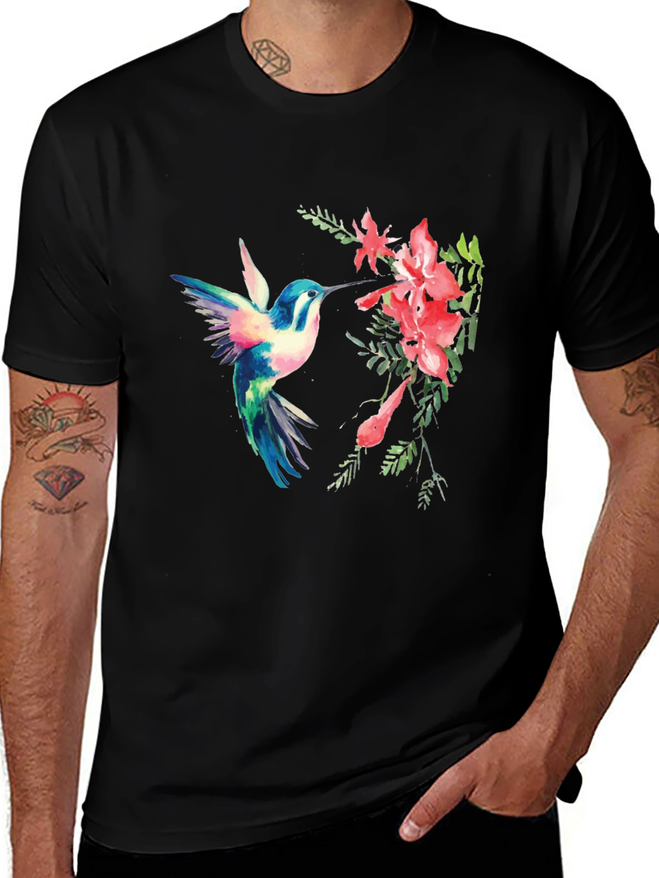 Variant 23 of Hummingbird & Flower Graphic Black T-Shirt
