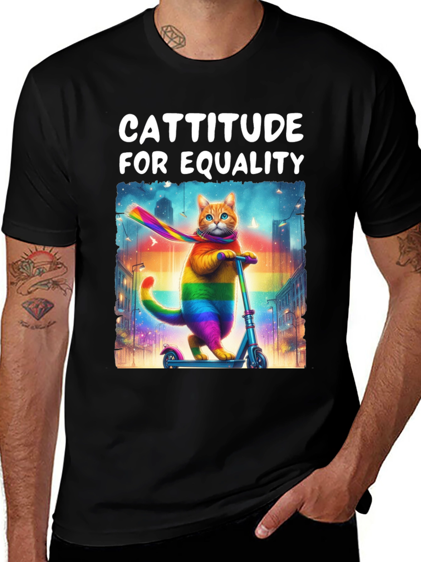 Cattitude for Equality T-Shirt - LGBTQ Pride Cat on Scooter