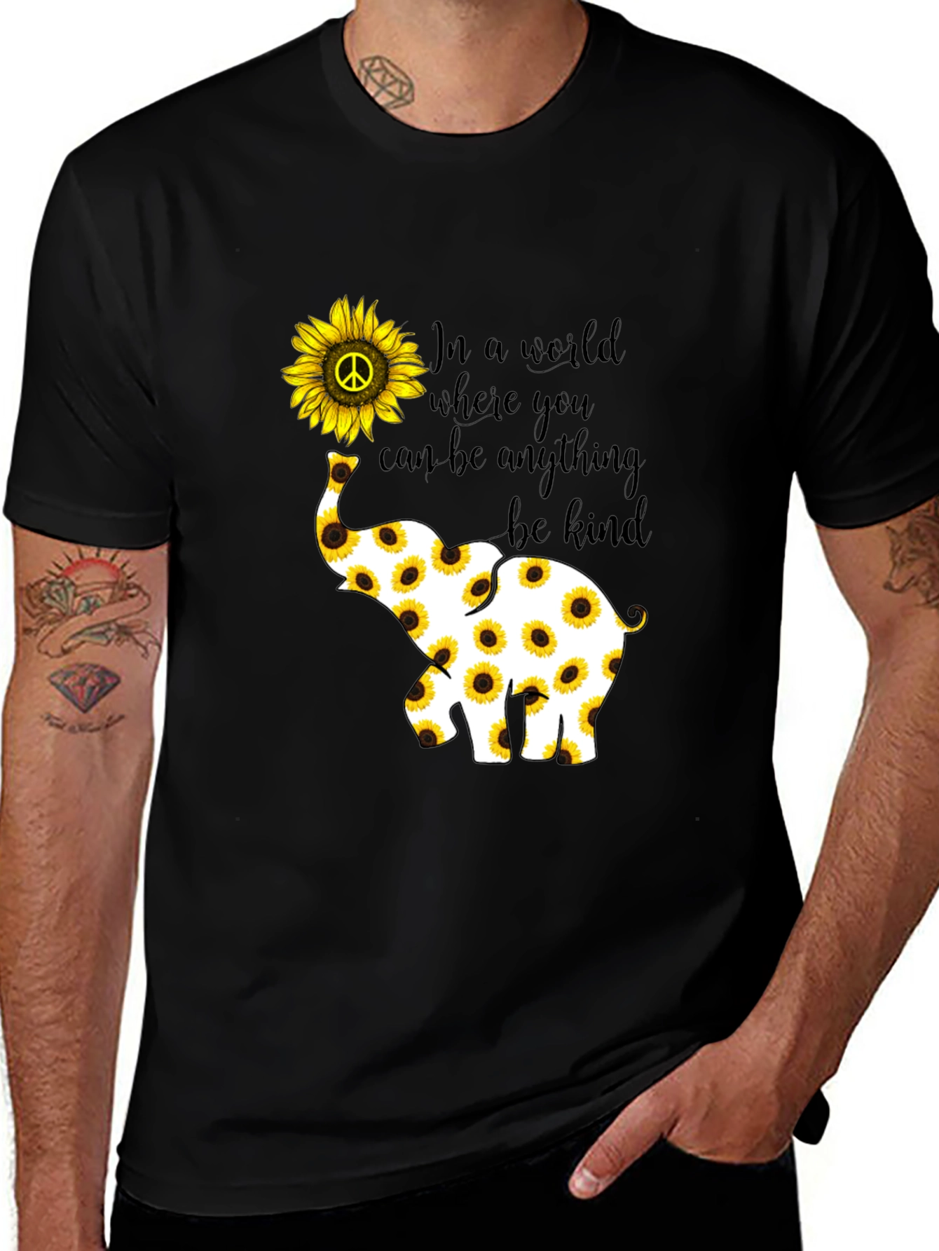 Black Sunflower Elephant Graphic Tee - Be Kind main image