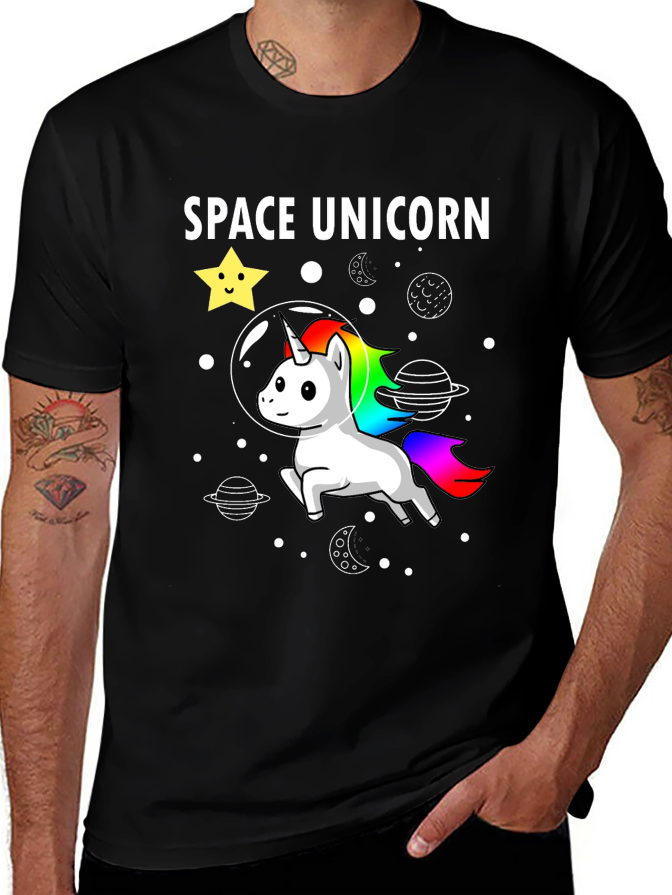 Variant 21 of Space Unicorn Graphic Tee - Black Cotton Blend